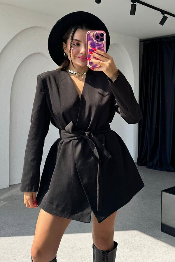 Charlize Bel Kuşaklı Siyah Ceket