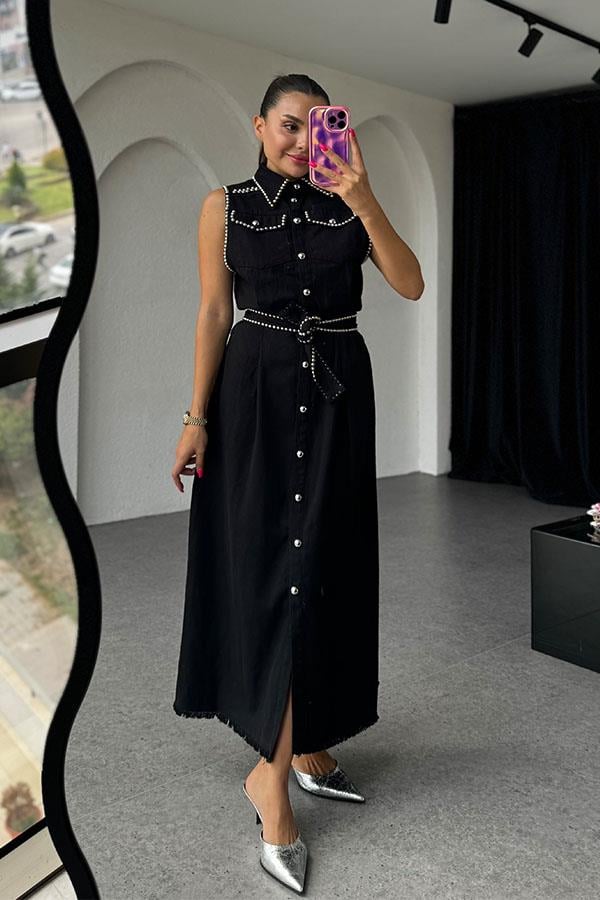 Charlotte Kolsuz Trok Baskılı Gabardin Elbise-Siyah