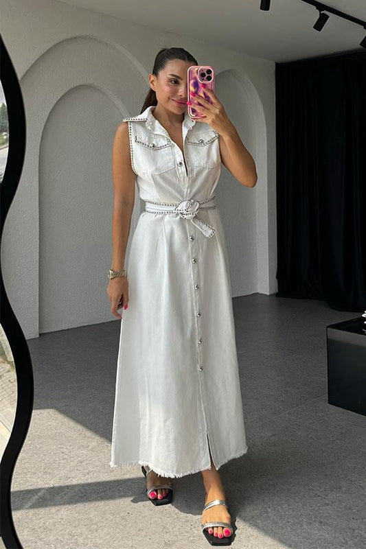 Charlotte Kolsuz Trok Baskılı Gabardin Elbise-Beyaz
