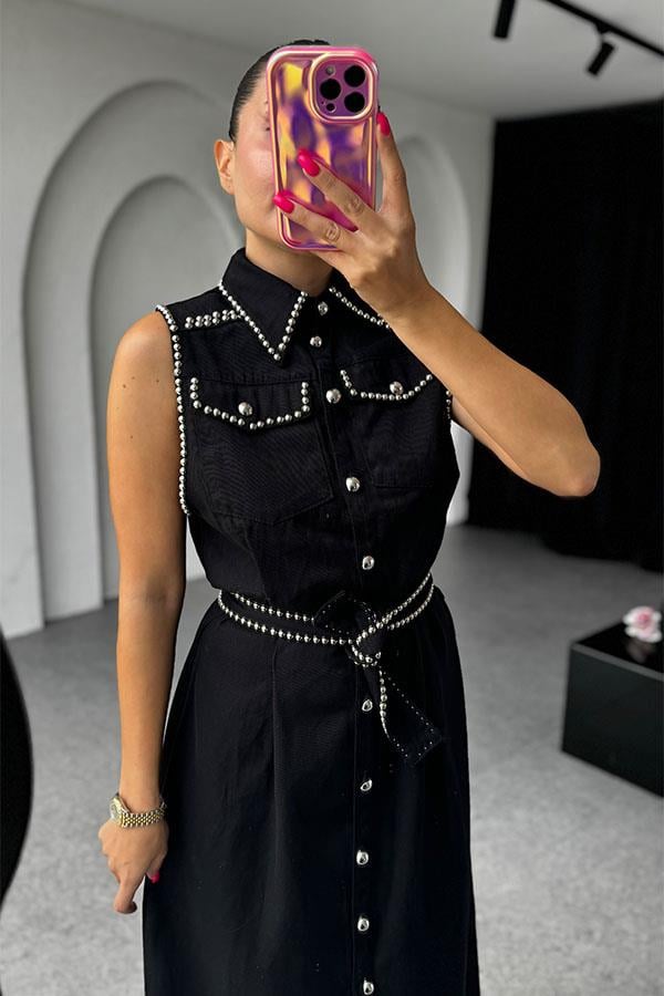 Charlotte Kolsuz Trok Baskılı Gabardin Elbise-Siyah