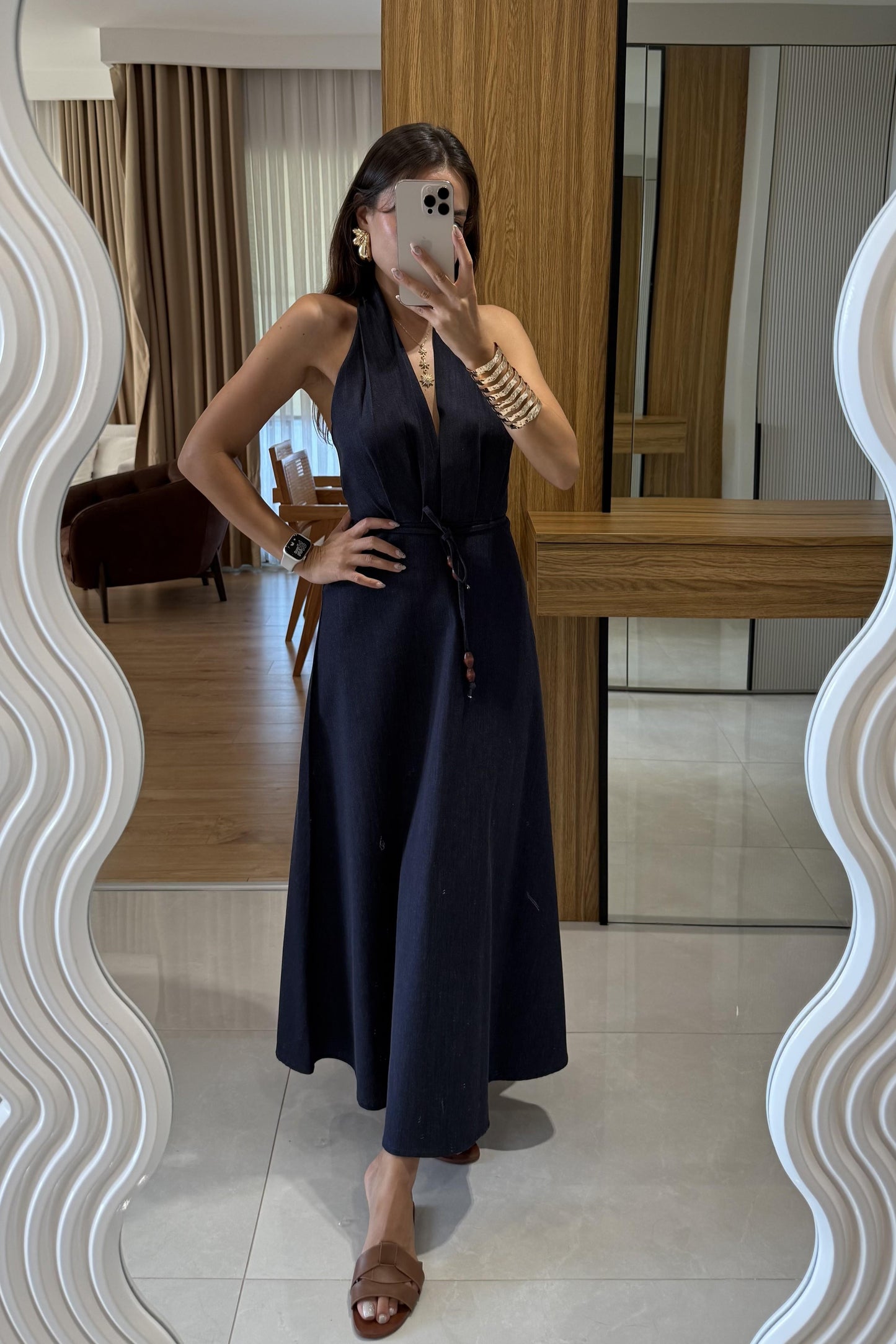 Charme Sırt Dekolte Detaylı Denim Elbise