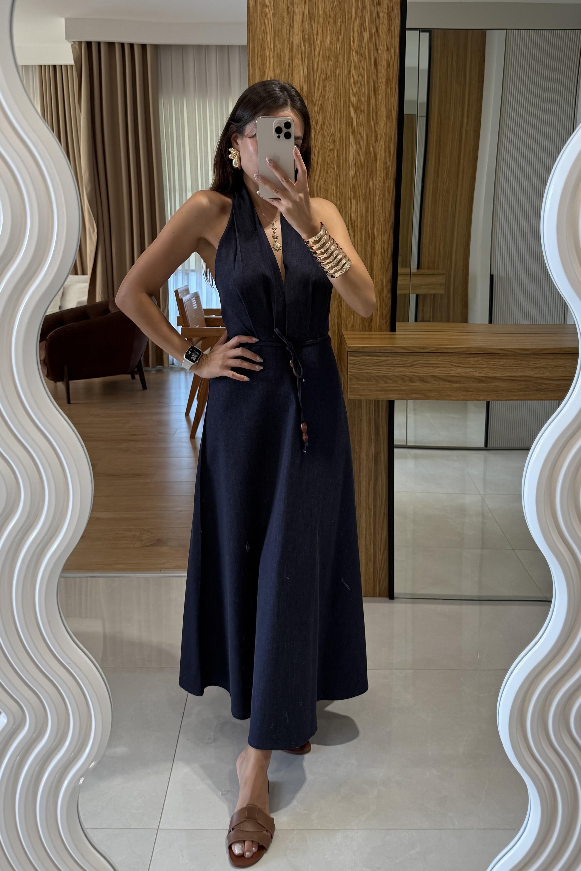 Charme Sırt Dekolte Detaylı Denim Elbise