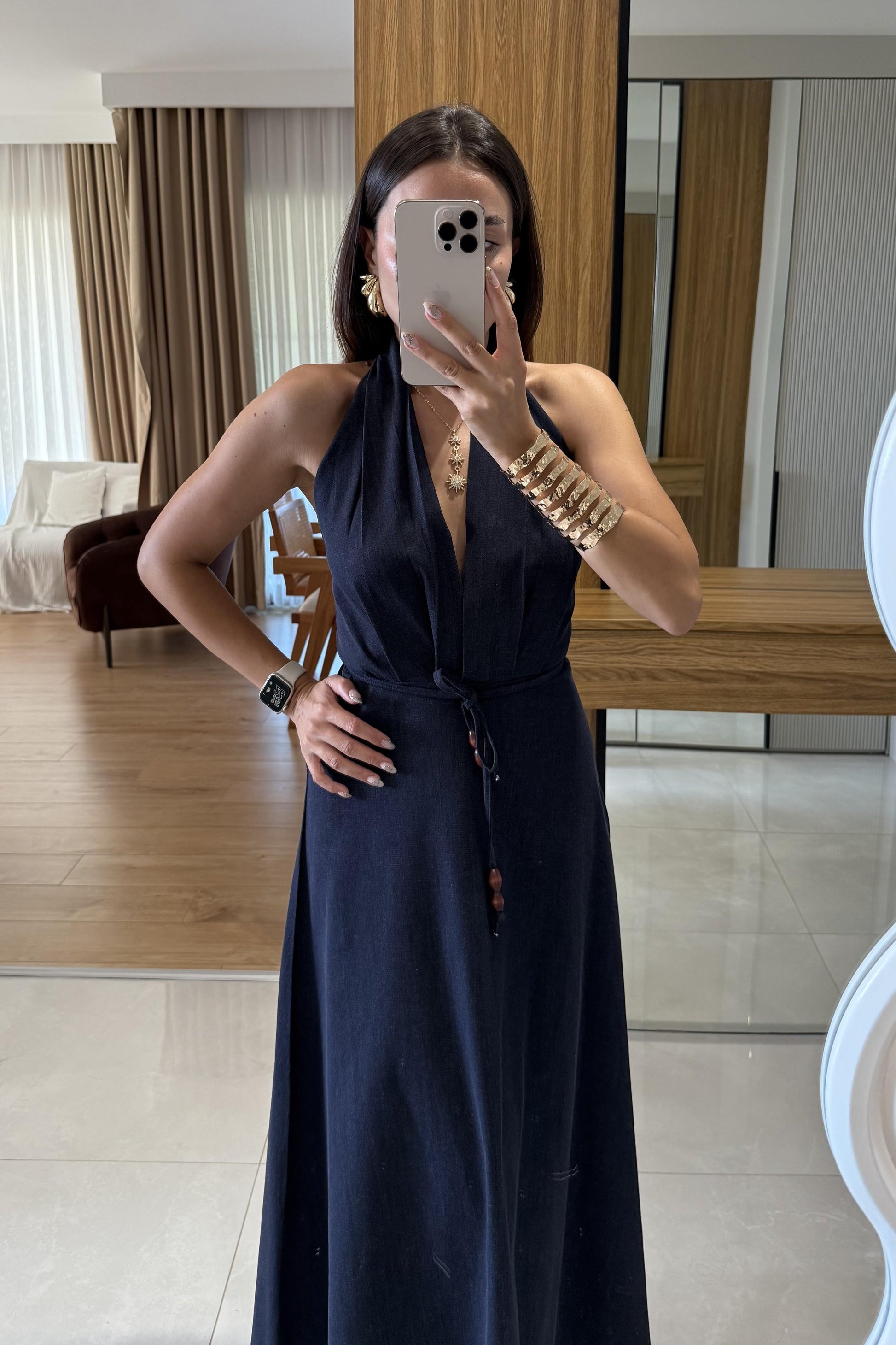 Charme Sırt Dekolte Detaylı Denim Elbise