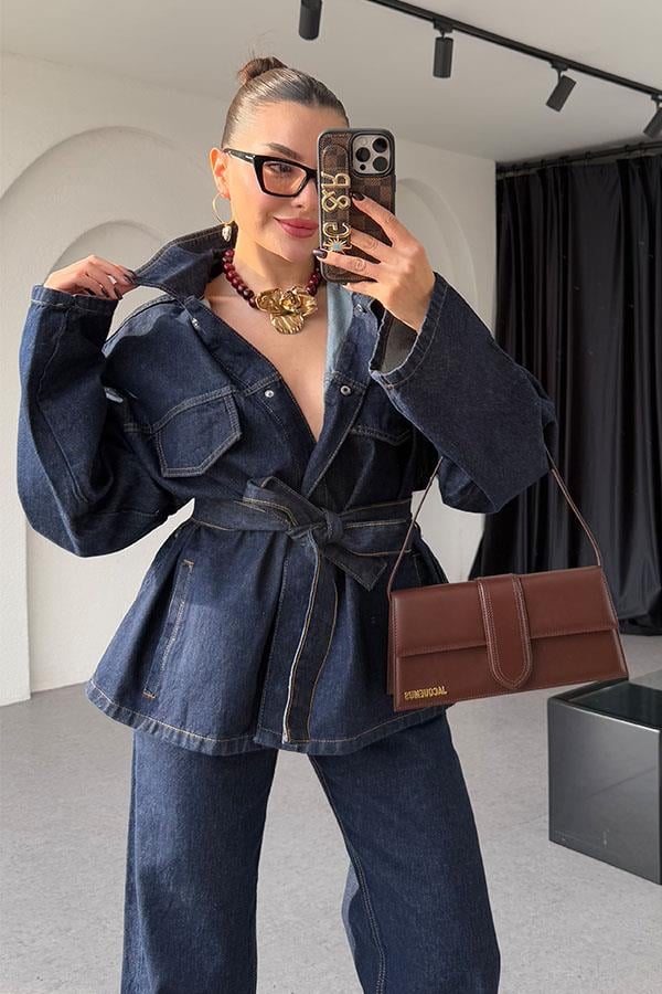 Chenko Kemerli Darkblue Ceket