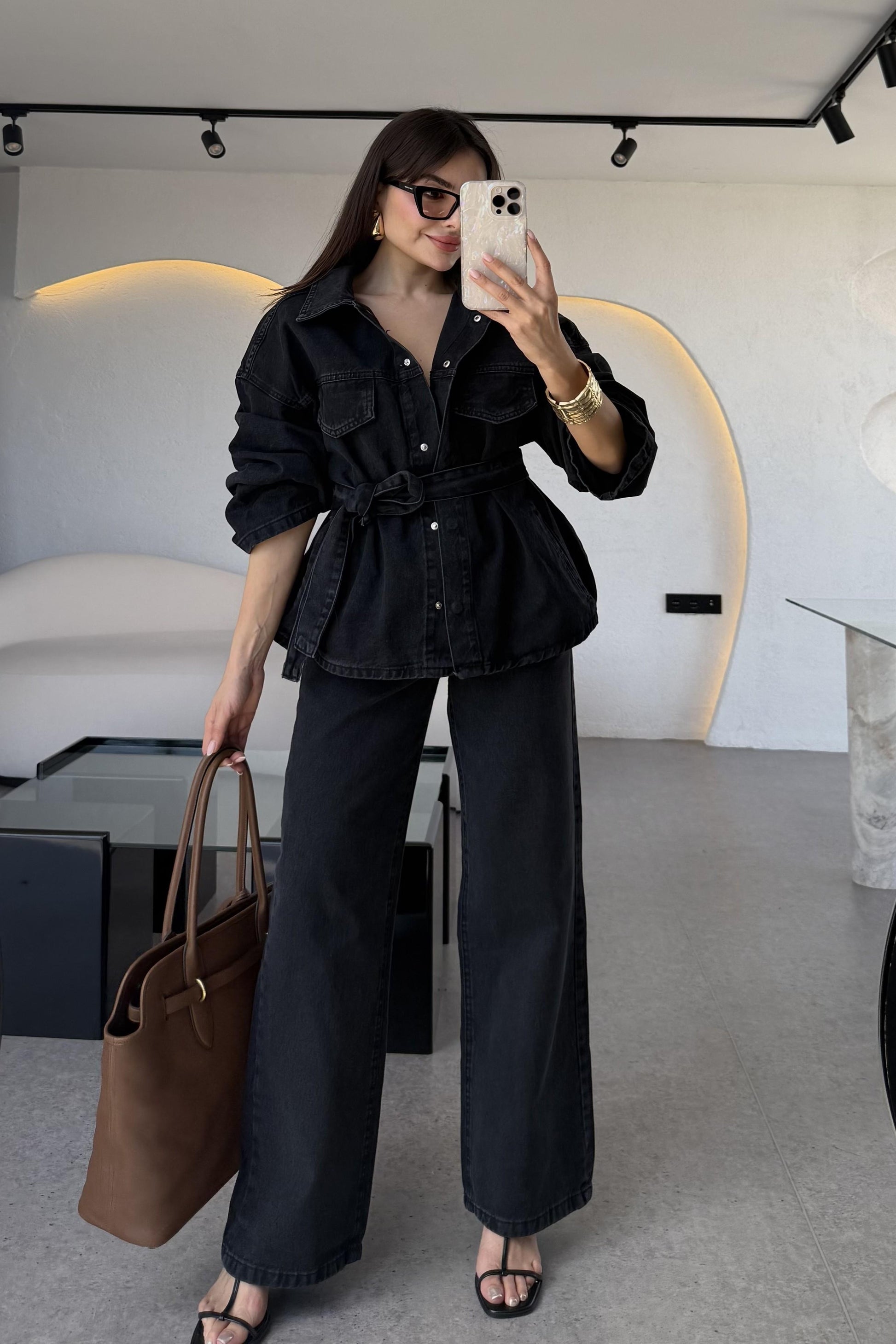 Chenko Kemerli Denim Siyah Ceket