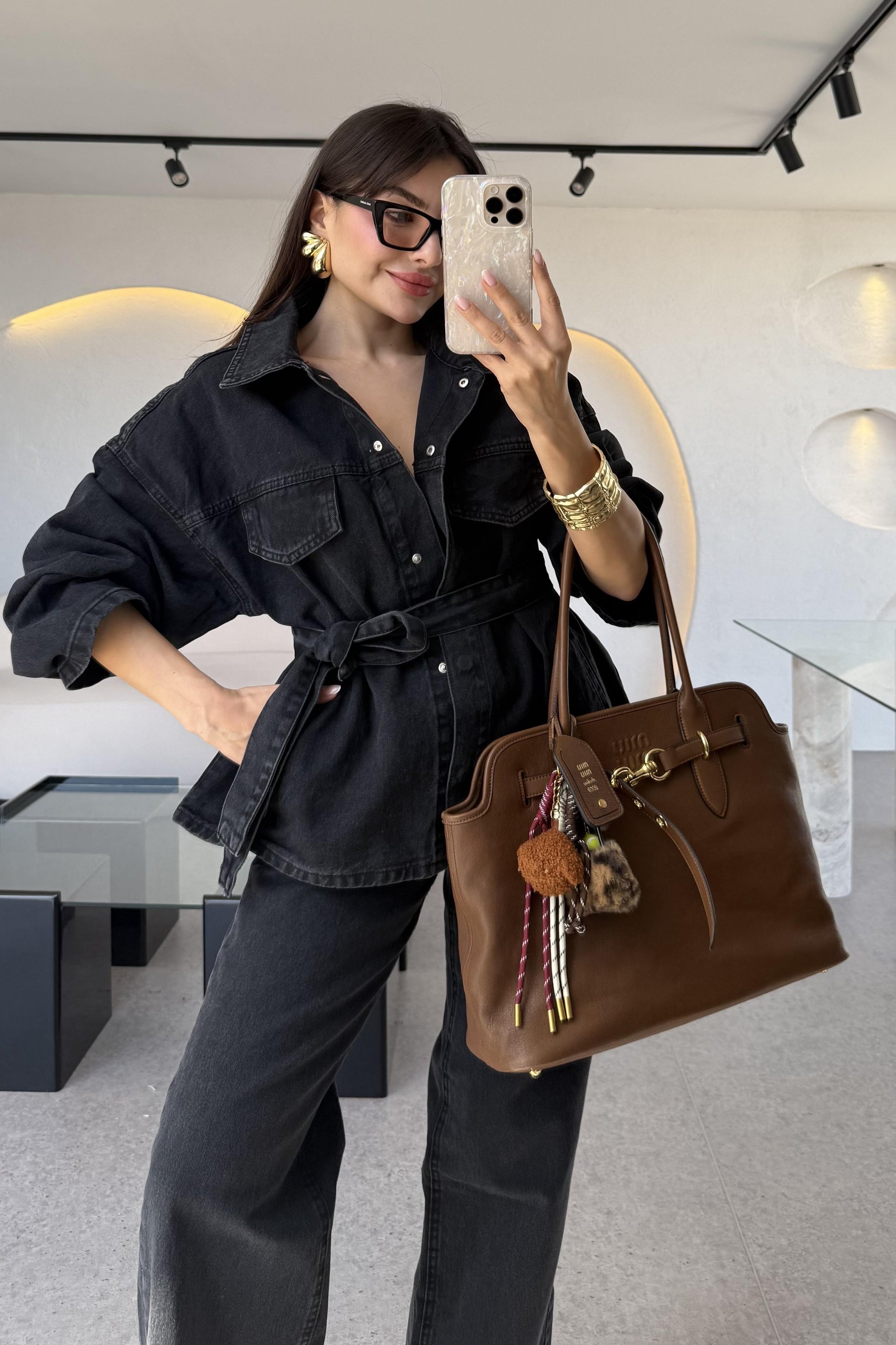 Chenko Kemerli Denim Siyah Ceket