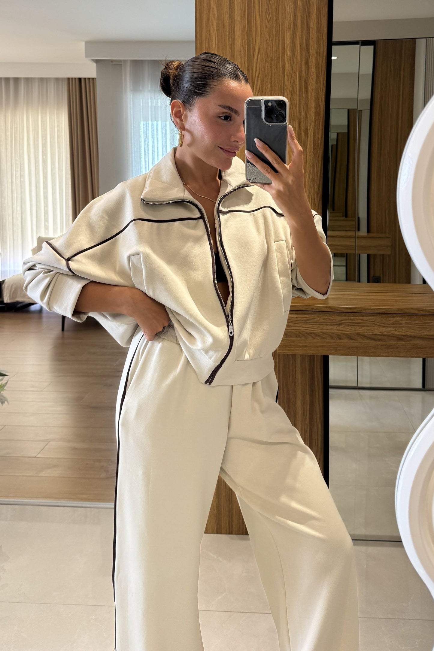 Cheva Biyeli Ekru Oversize Eşofman Takımı