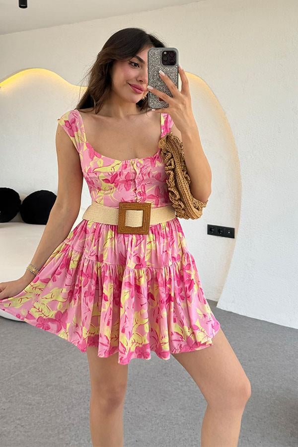 Clasiera Çiçek Desenli Eteği Büzgülü Elbise-Pembe