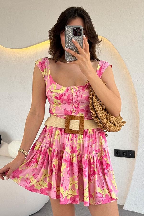 Clasiera Çiçek Desenli Eteği Büzgülü Elbise-Pembe