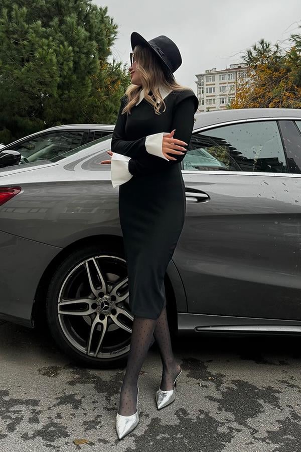 Claudia Beyaz Yakalı ve Beyaz Bilekli Tasarım Elbise