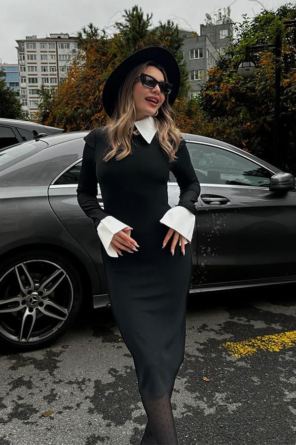 Claudia Beyaz Yakalı ve Beyaz Bilekli Tasarım Elbise