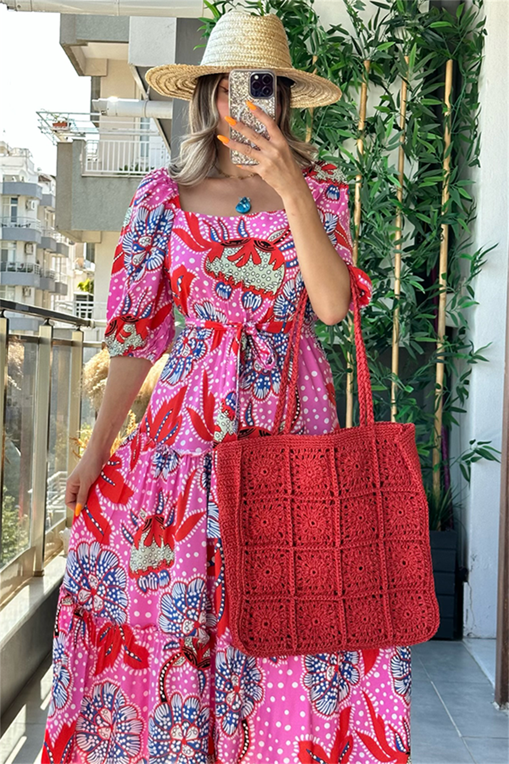 Clay pembe yarım kol kare yaka elbise