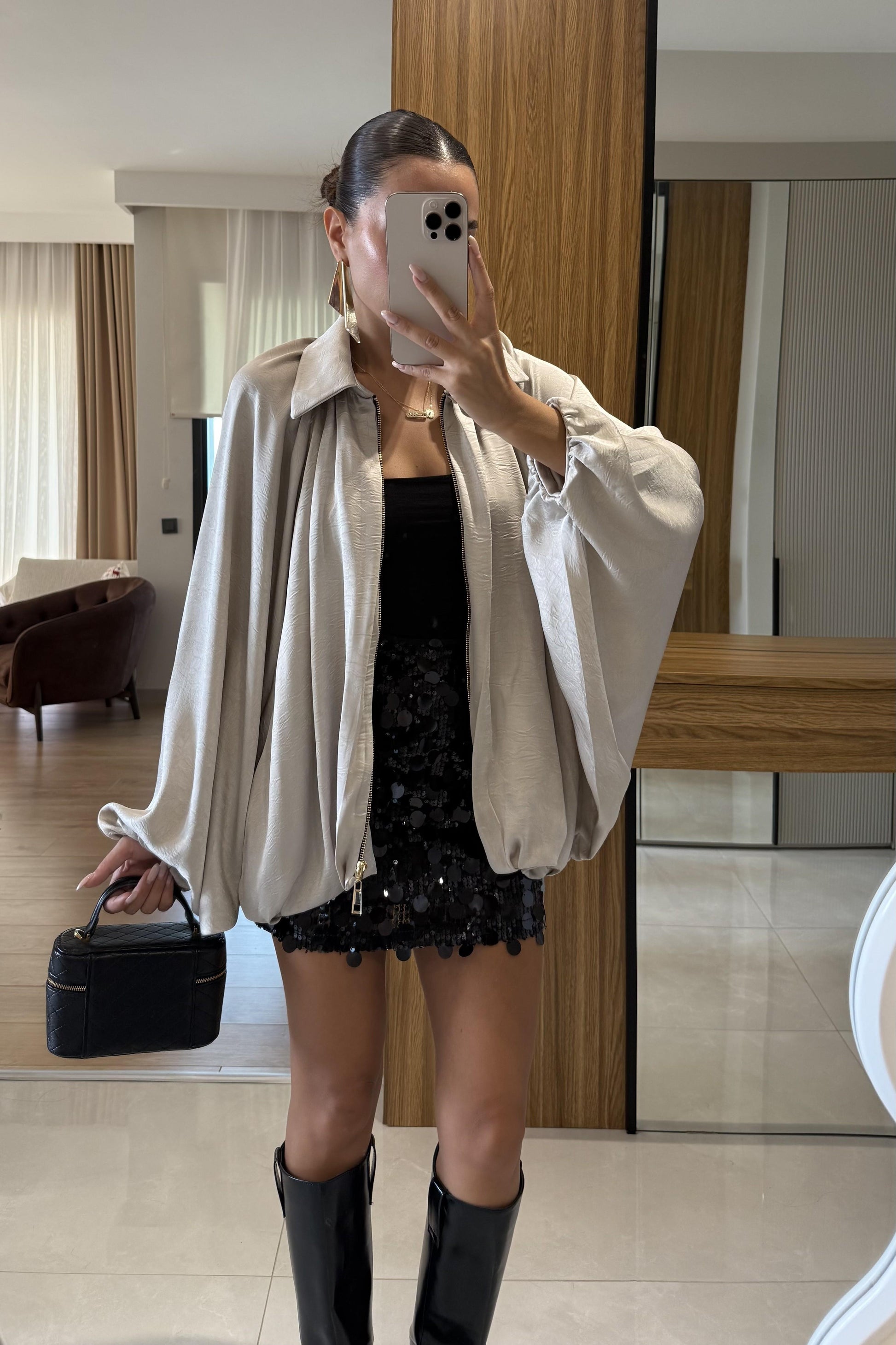 Clayton Bej Saten Bomber Ceket