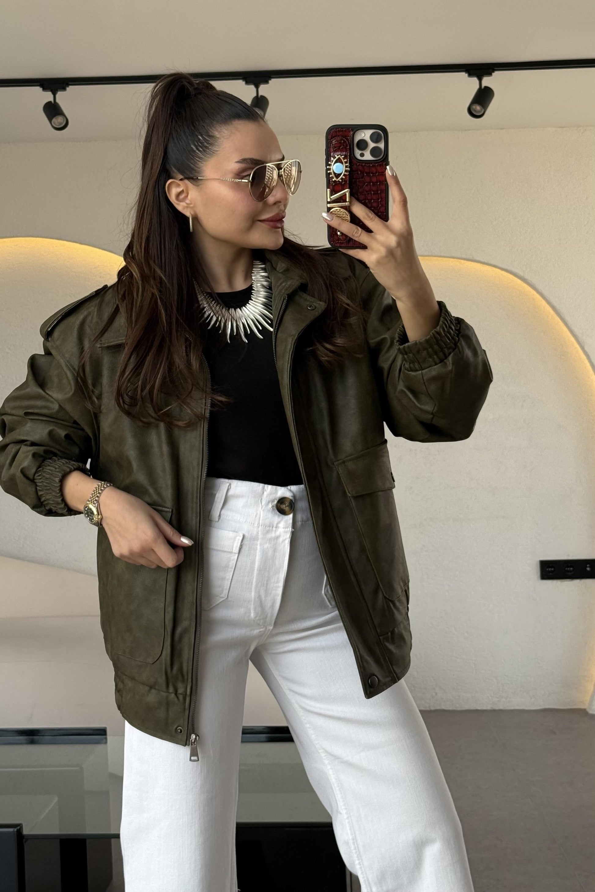 Cloys Haki Deri Yıkama Ceket