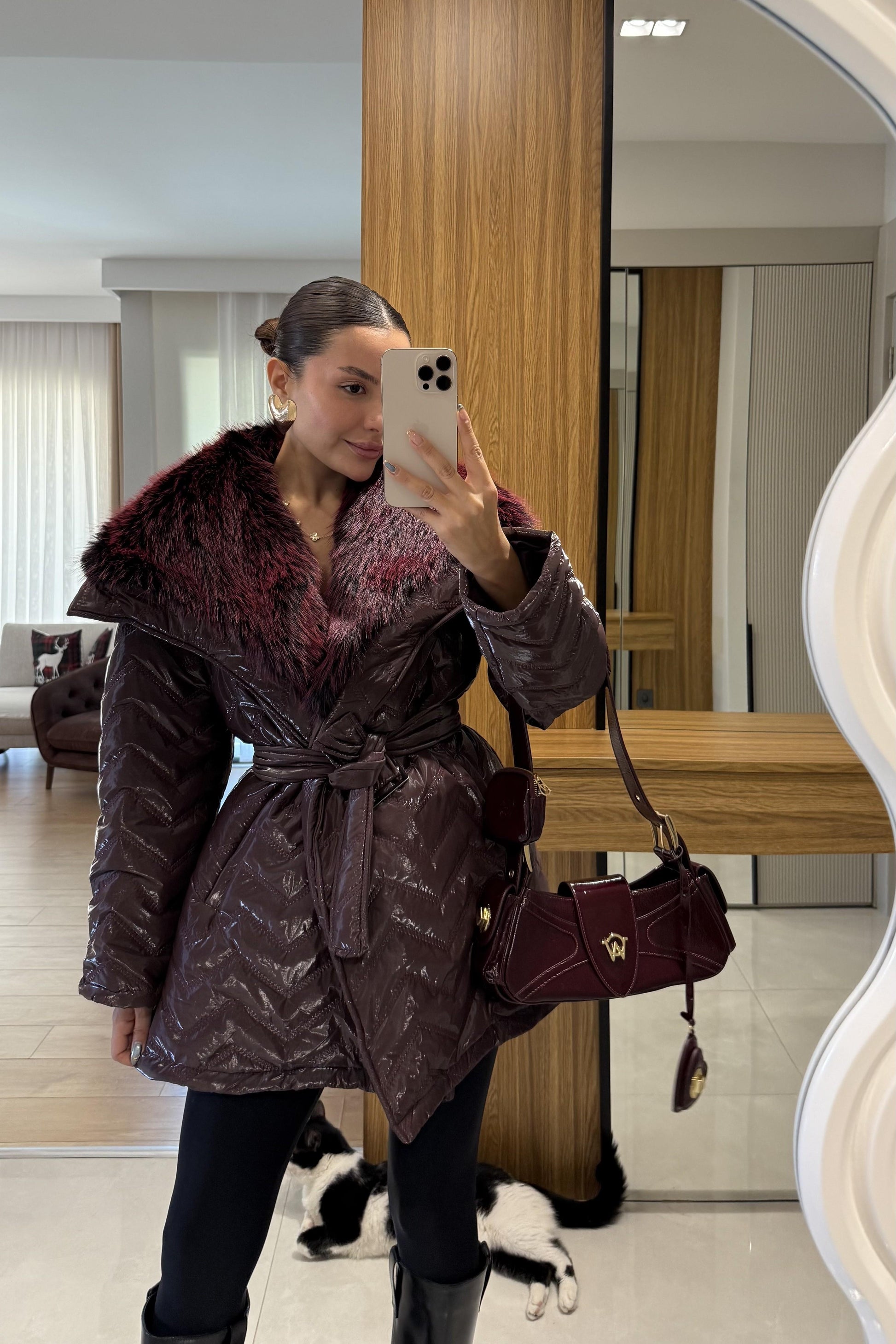 Colmar Bordo Kürklü Kemerli Şişme Mont