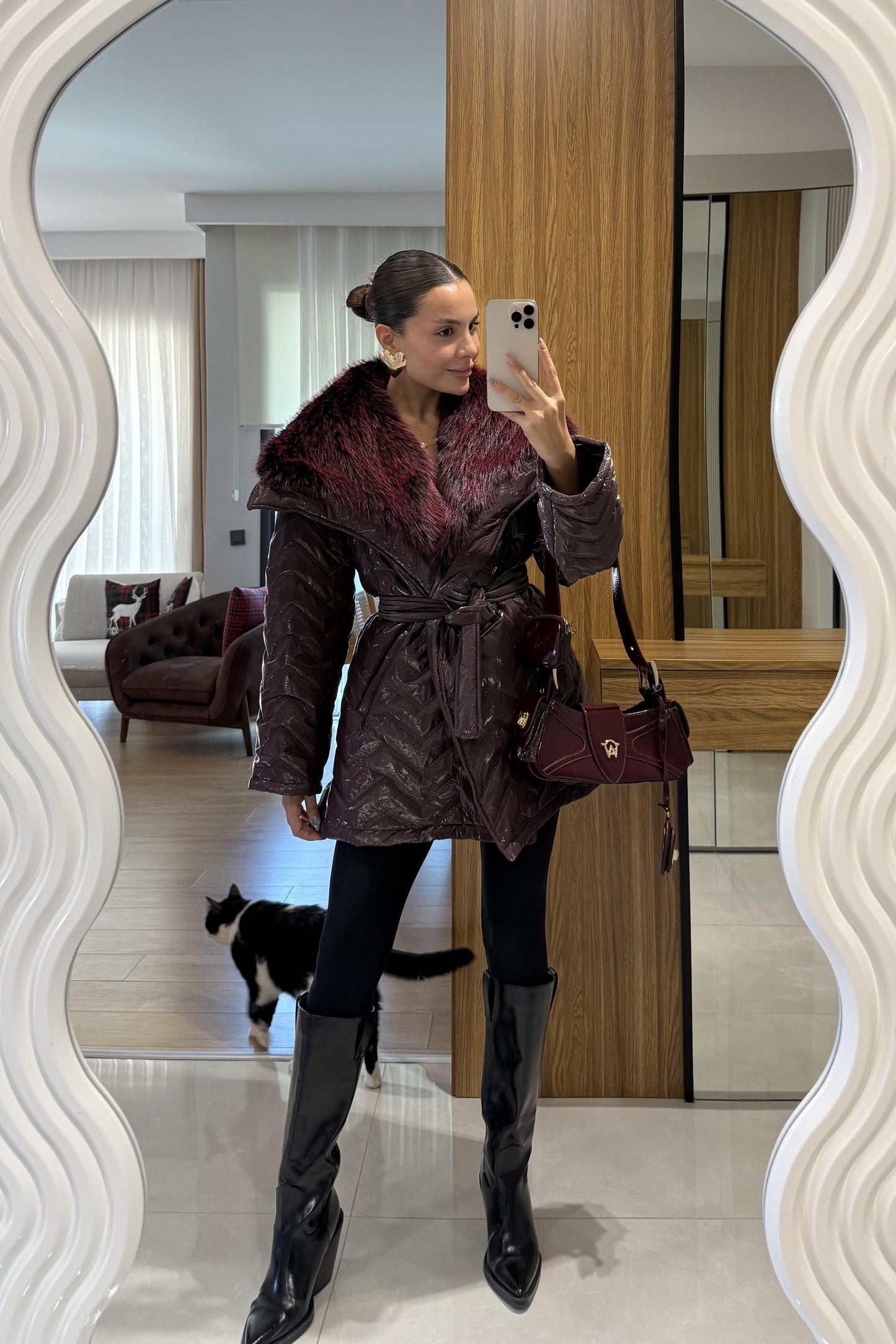 Colmar Bordo Kürklü Kemerli Şişme Mont