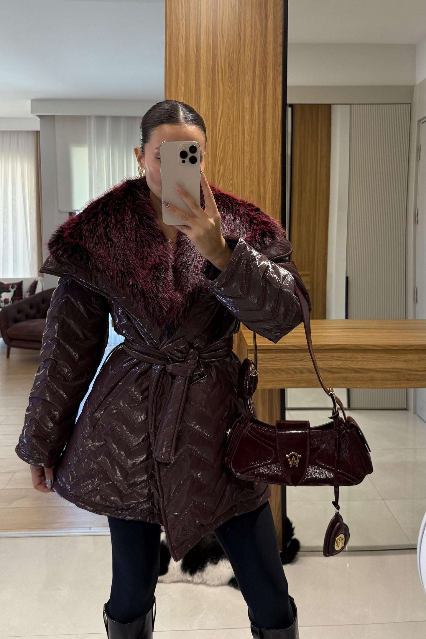 Colmar Bordo Kürklü Kemerli Şişme Mont