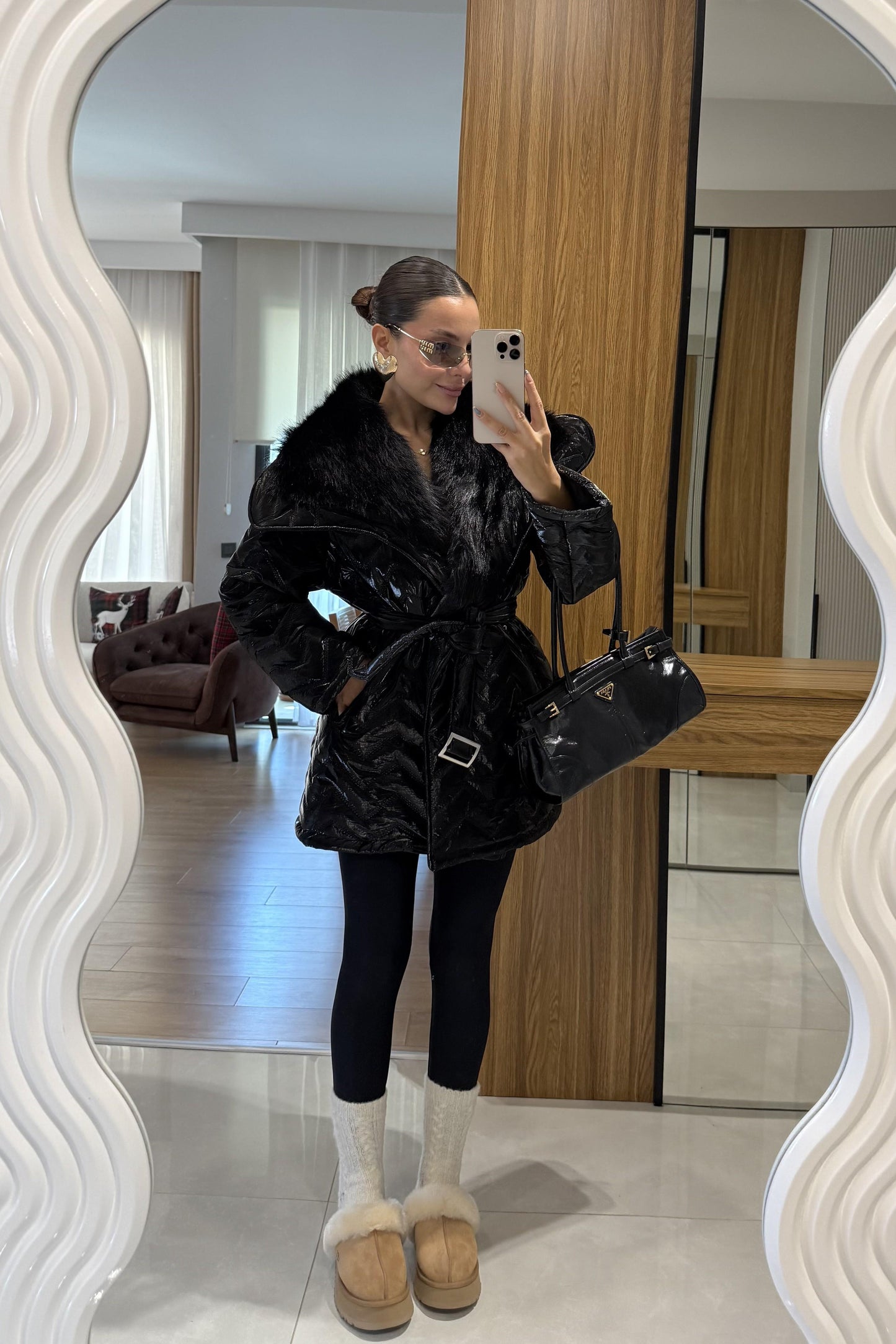 Colmar Siyah Kürklü Kemerli Şişme Mont