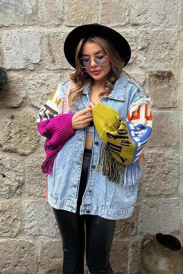 Color Kolları Triko Tasarım Kot Ceket