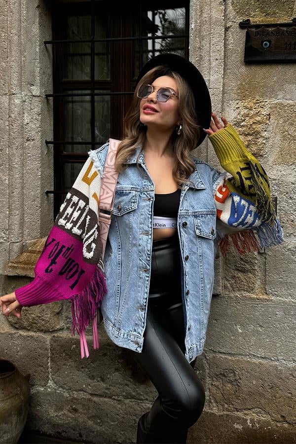 Color Kolları Triko Tasarım Kot Ceket