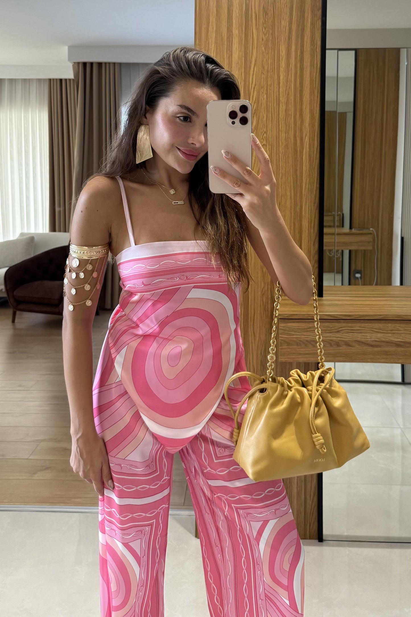 Colour Pembe Desenli Straplez İkili Takım