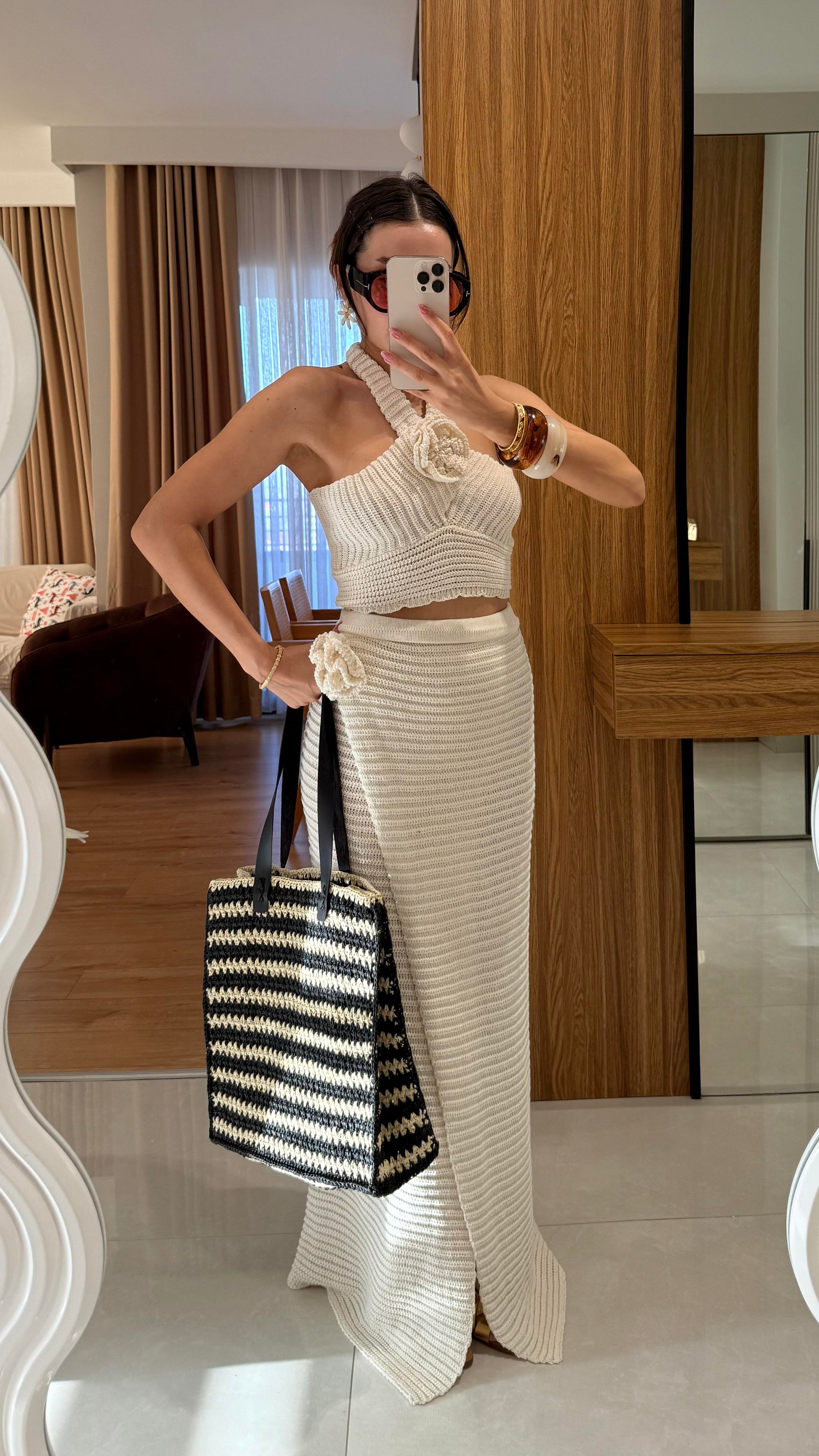 Como Krem Astarlı Yazlık Triko Etekli Takım