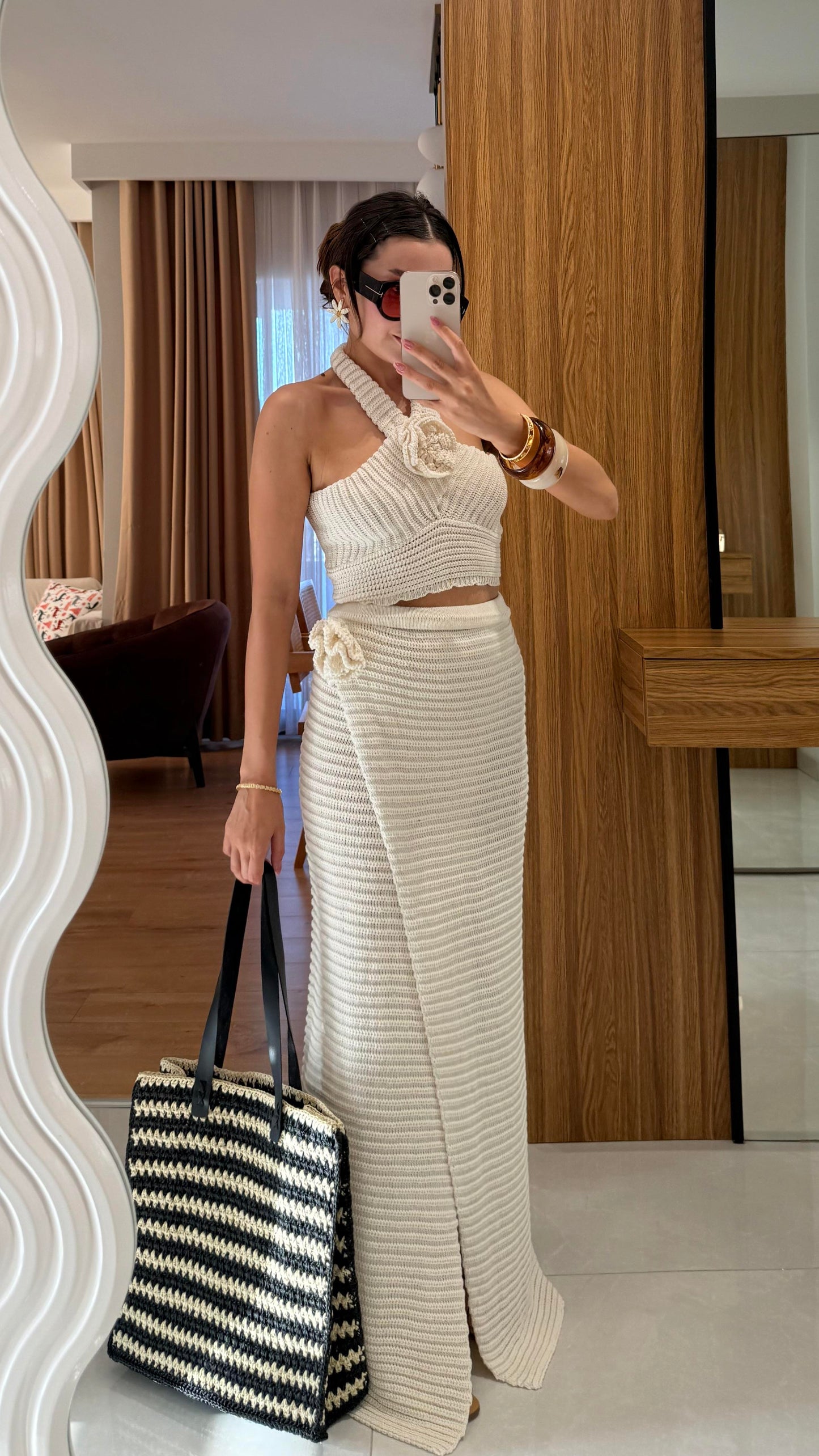 Como Krem Astarlı Yazlık Triko Etekli Takım