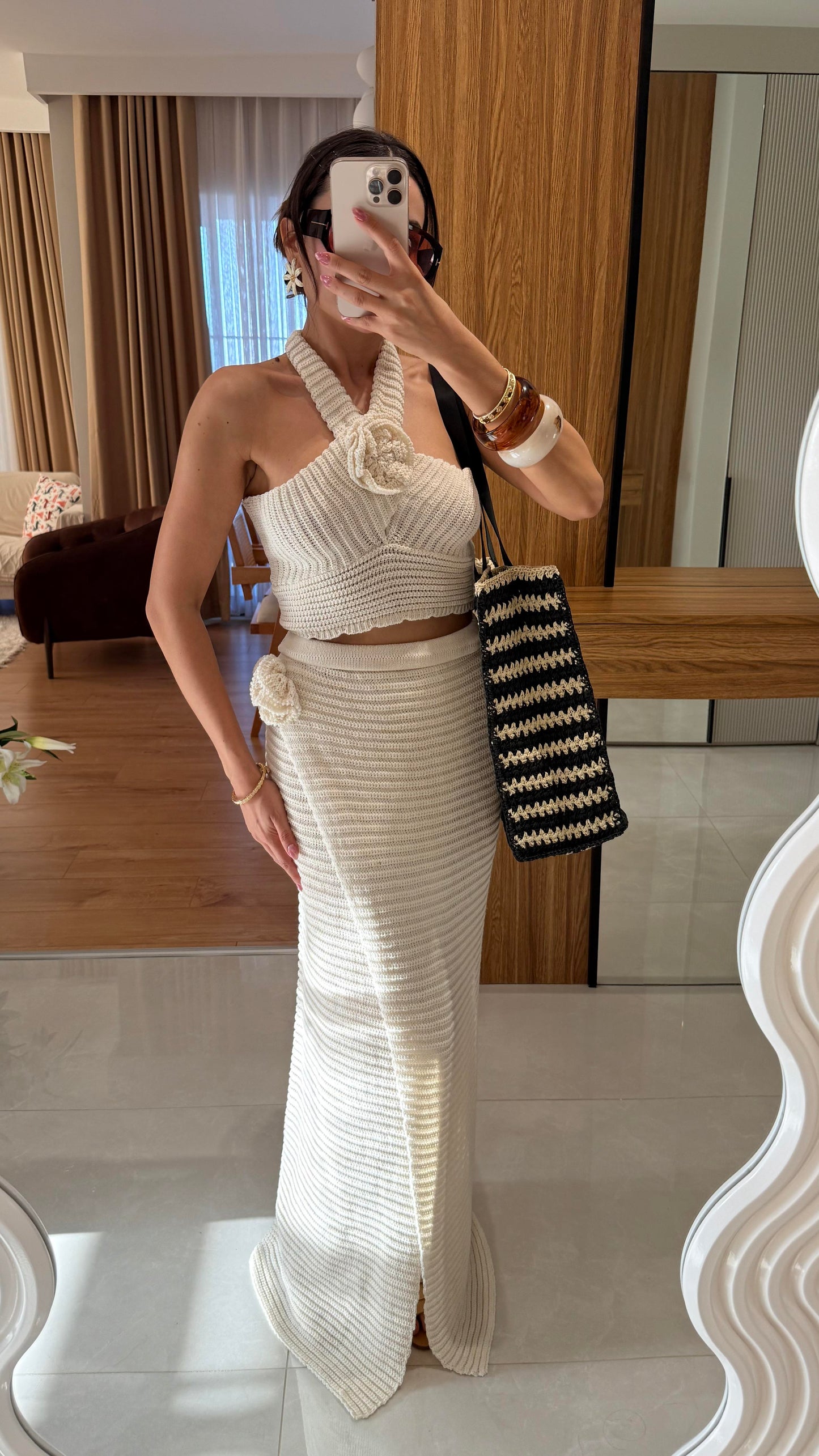 Como Krem Astarlı Yazlık Triko Etekli Takım