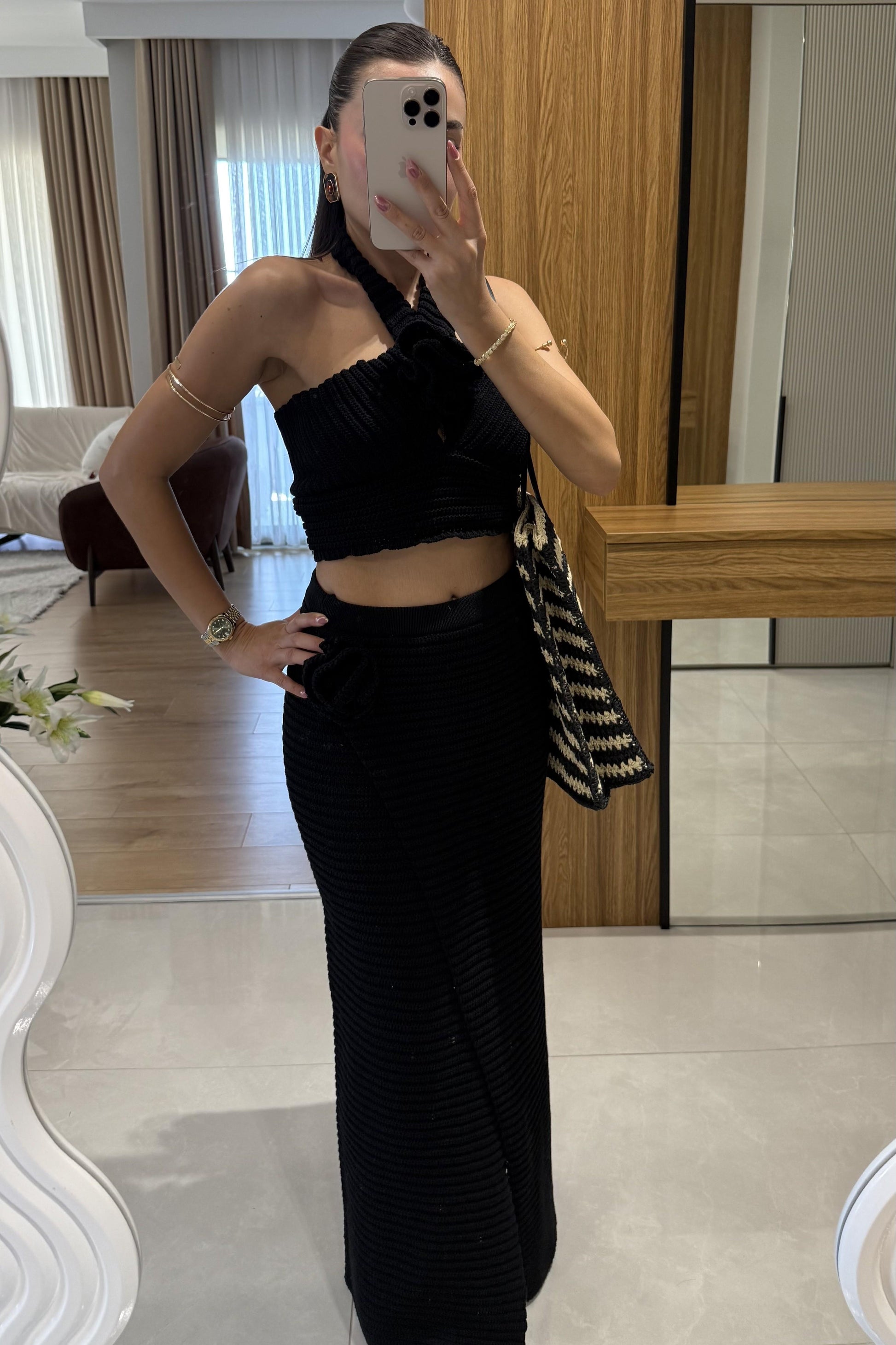 Como Siyah Astarlı Yazlık Triko Etekli Takım