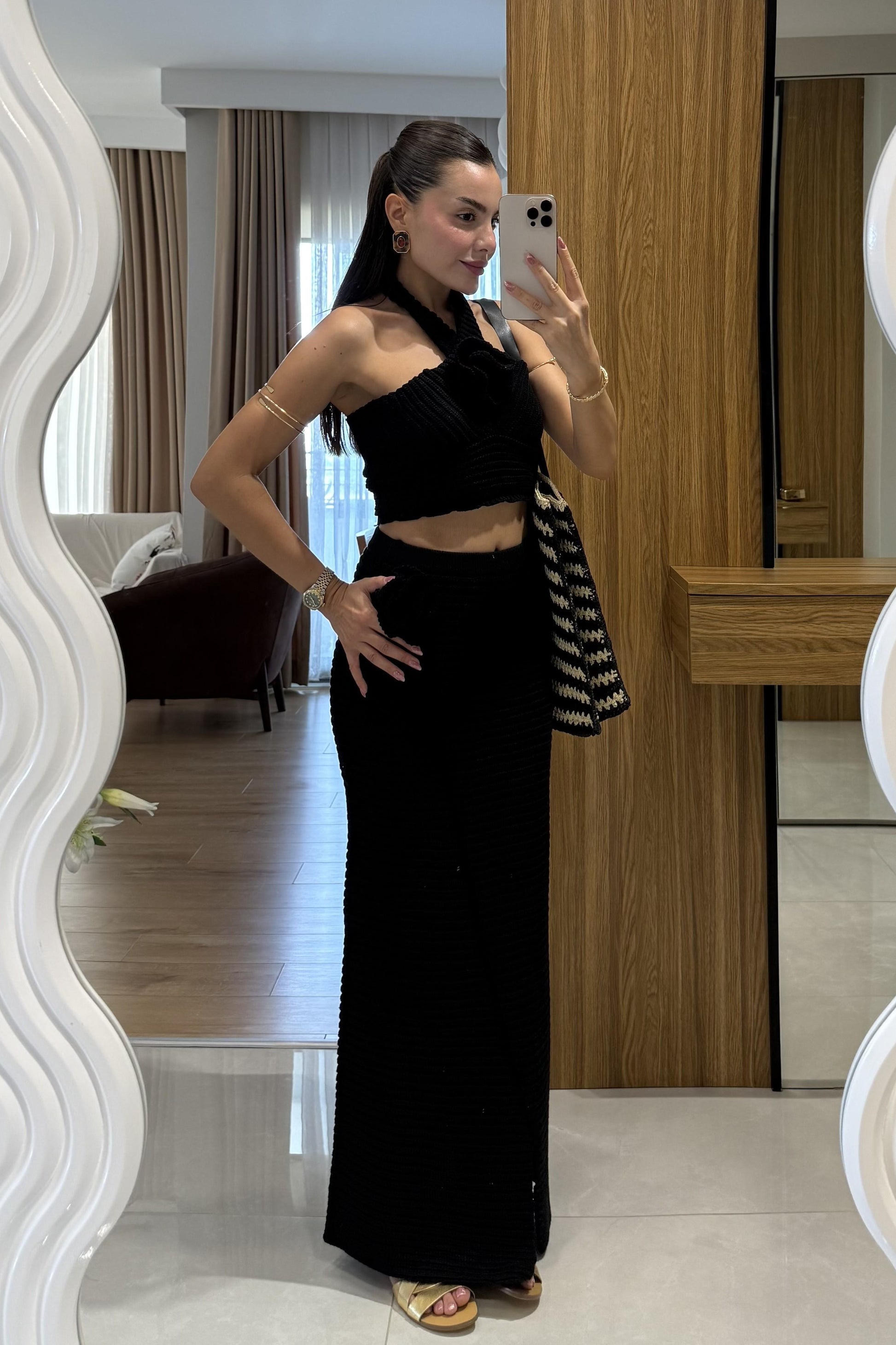 Como Siyah Astarlı Yazlık Triko Etekli Takım