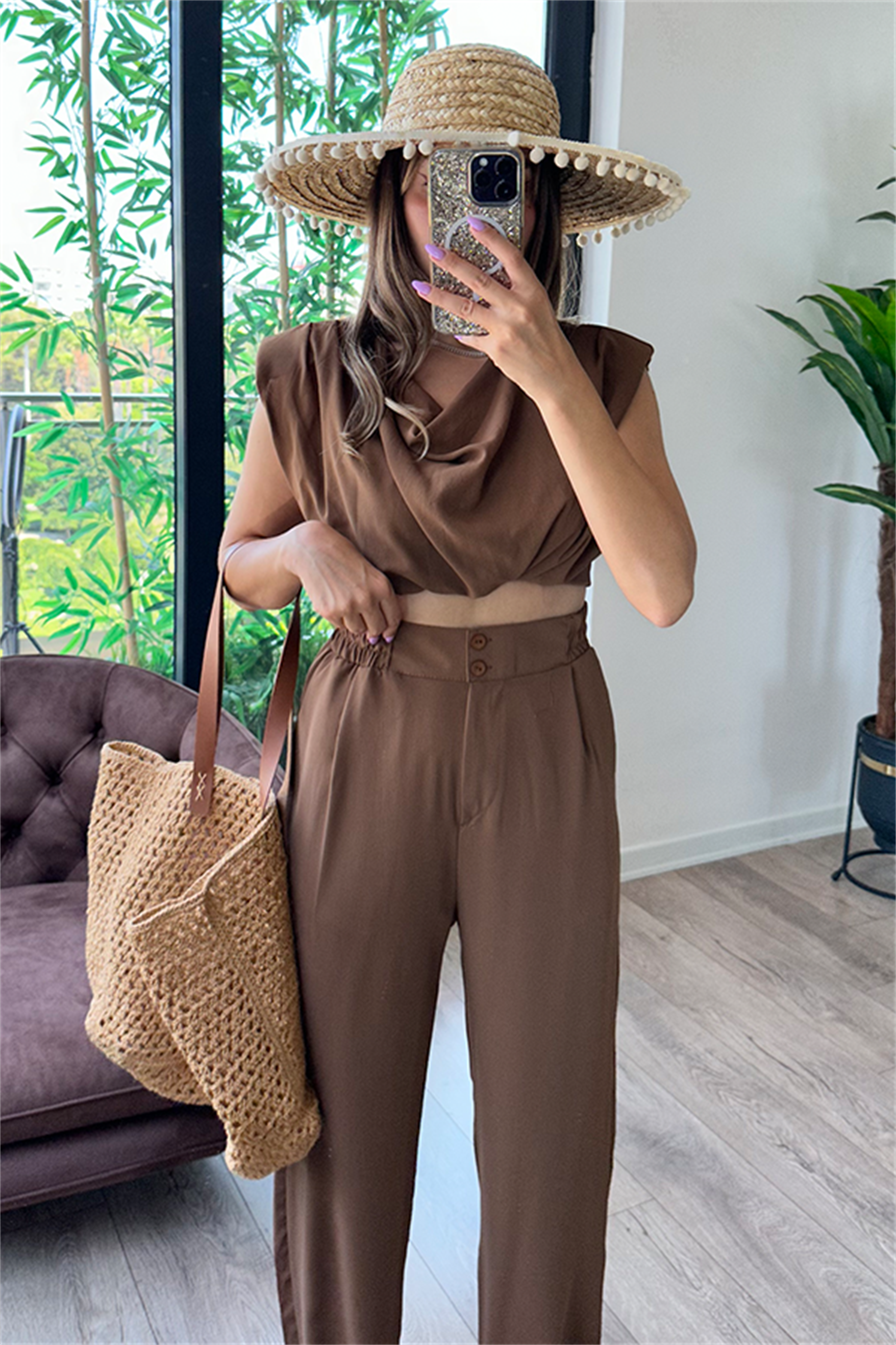 Coosy vatka detaylı bluzlu takım - Acı kahve