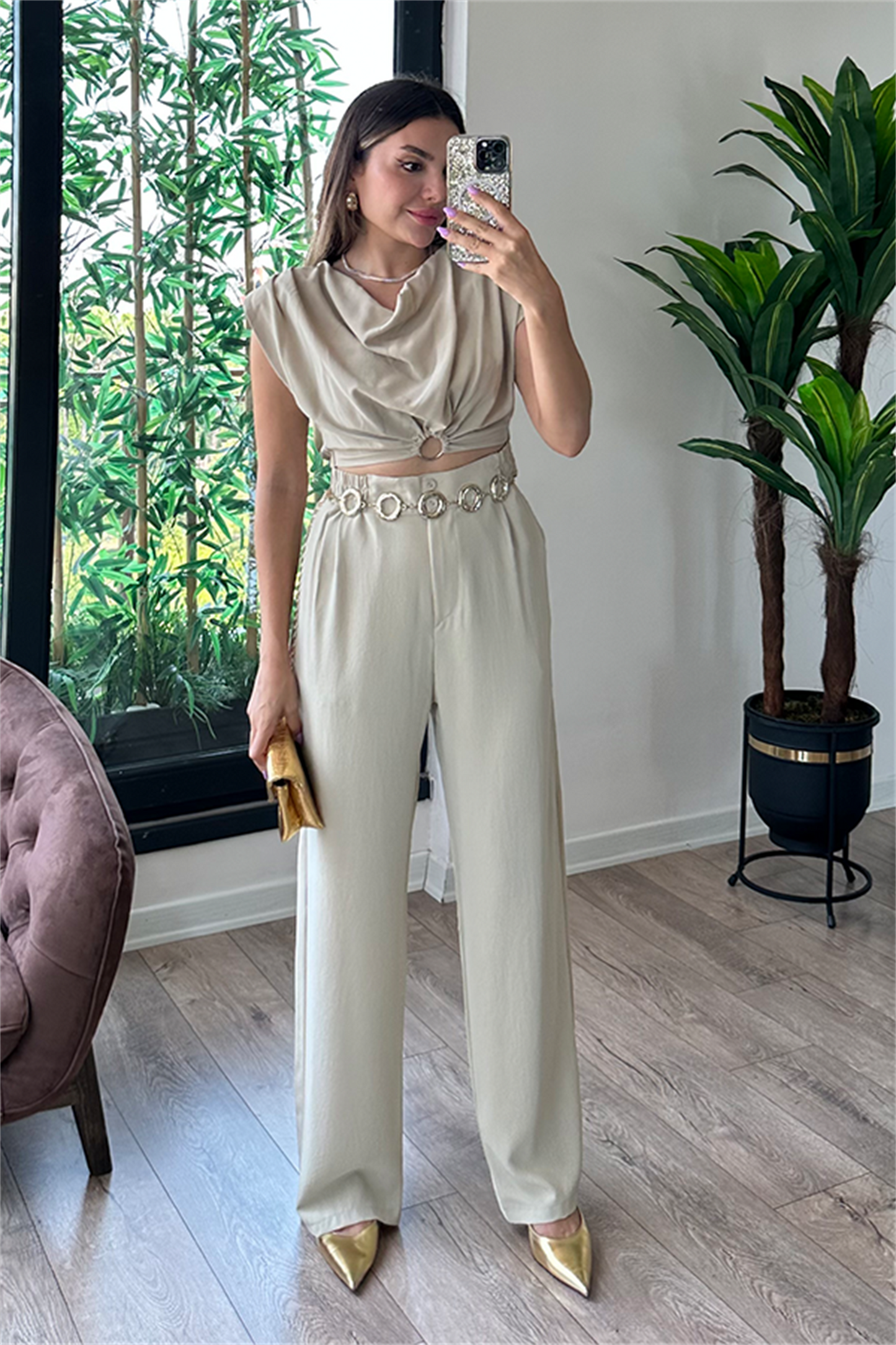 Coosy vatka detaylı bluzlu takım - Ekru