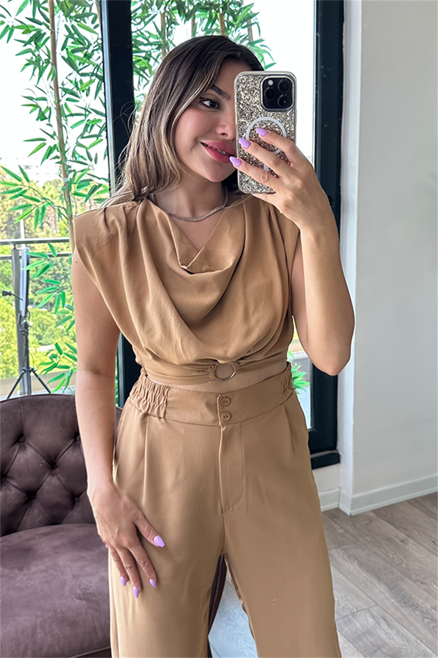 Coosy vatka detaylı bluzlu takım - Karamel