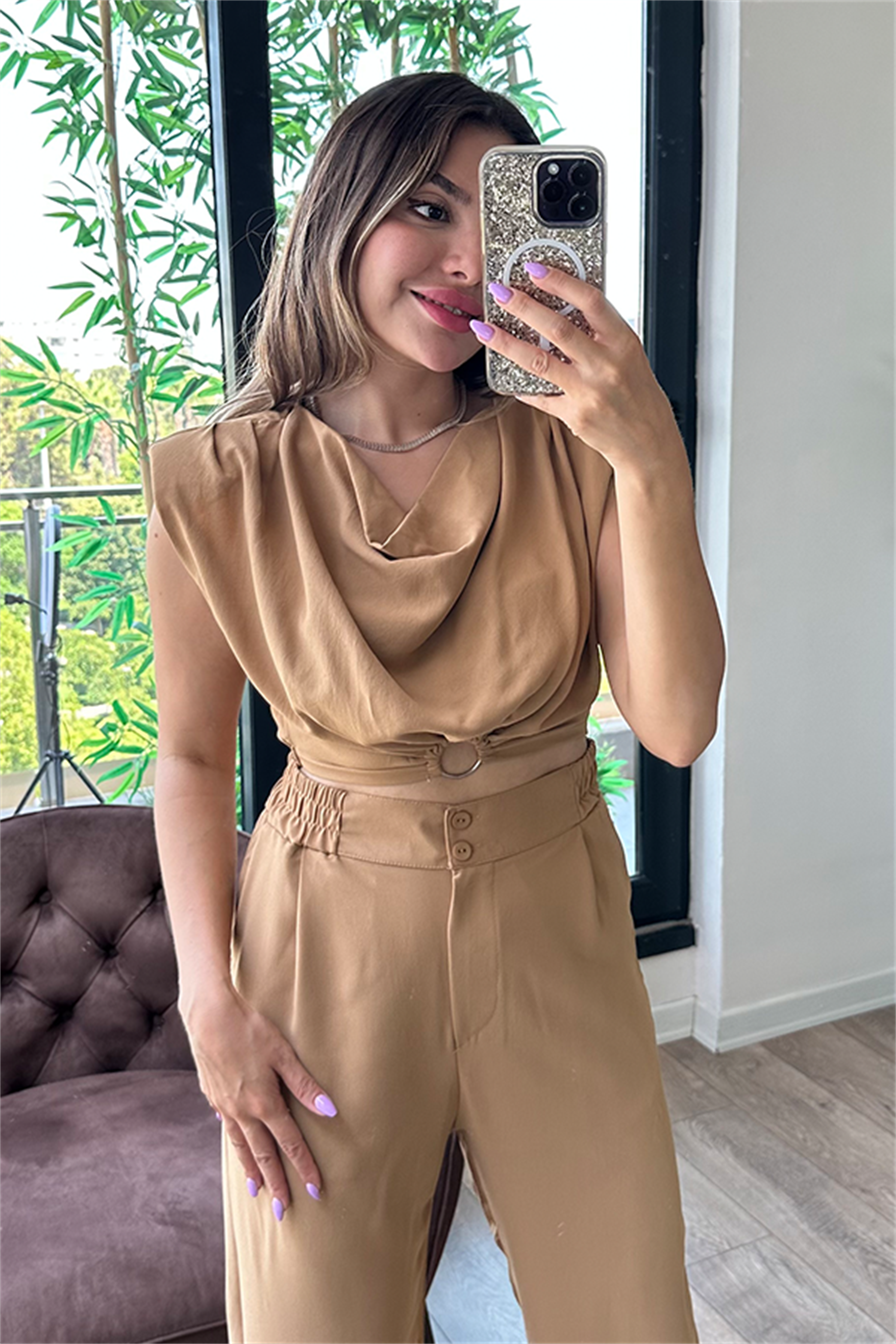 Coosy vatka detaylı bluzlu takım - Karamel