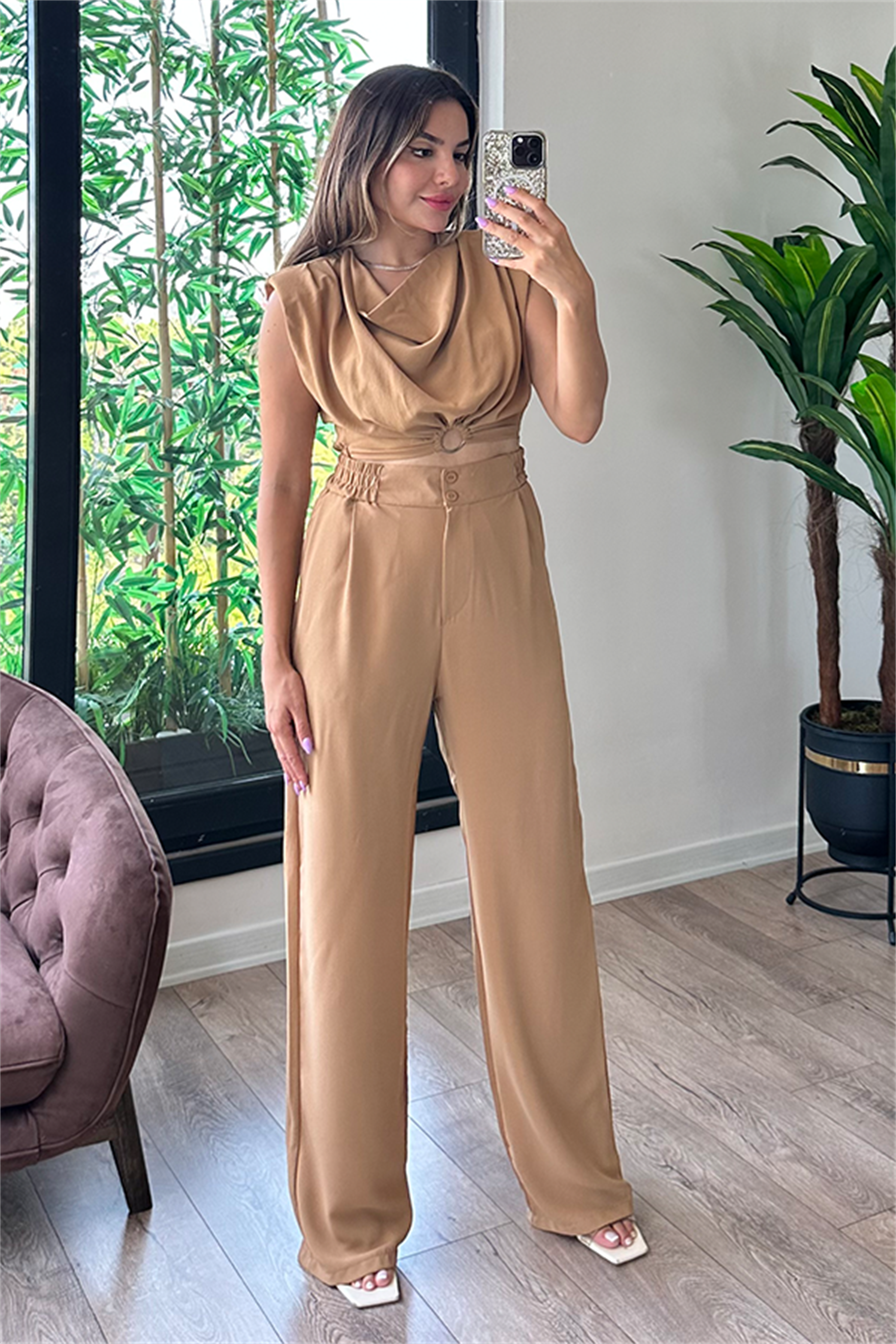 Coosy vatka detaylı bluzlu takım - Karamel