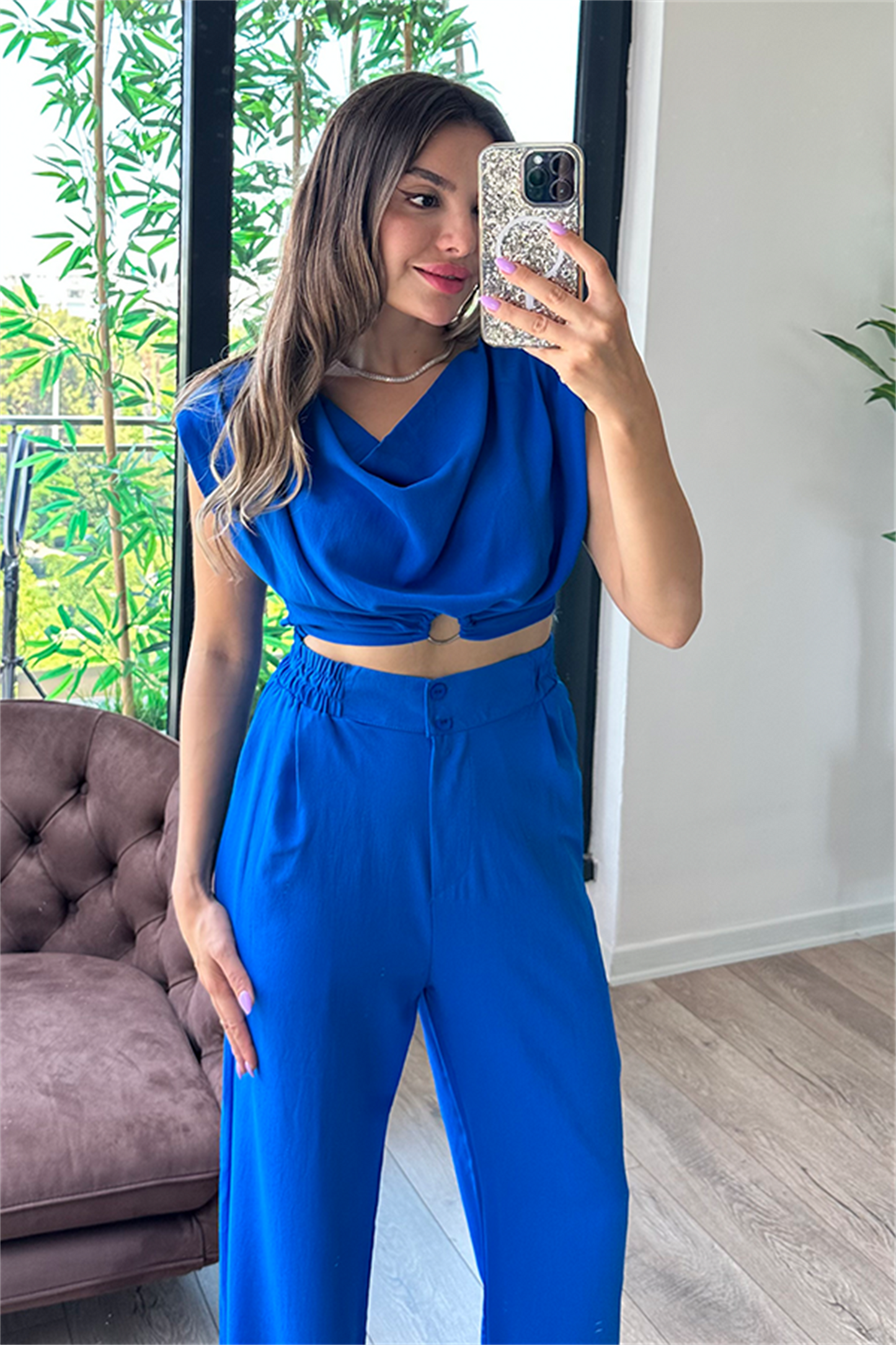 Coosy vatka detaylı bluzlu takım - Saks Mavi