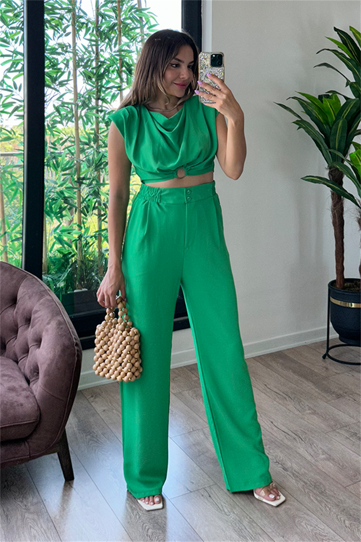 Coosy vatka detaylı bluzlu takım - Yeşil