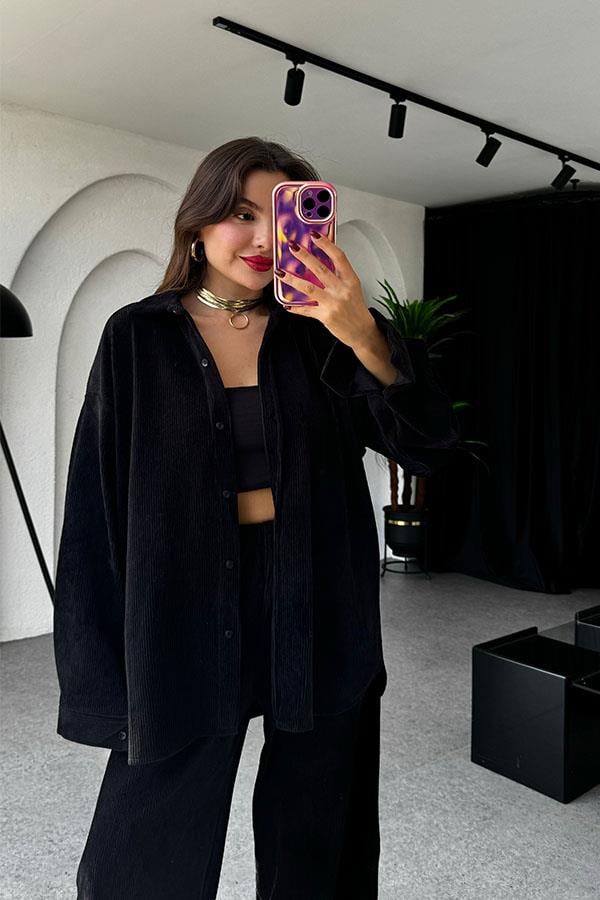 Coraline Siyah Kadife Gömlek Takım