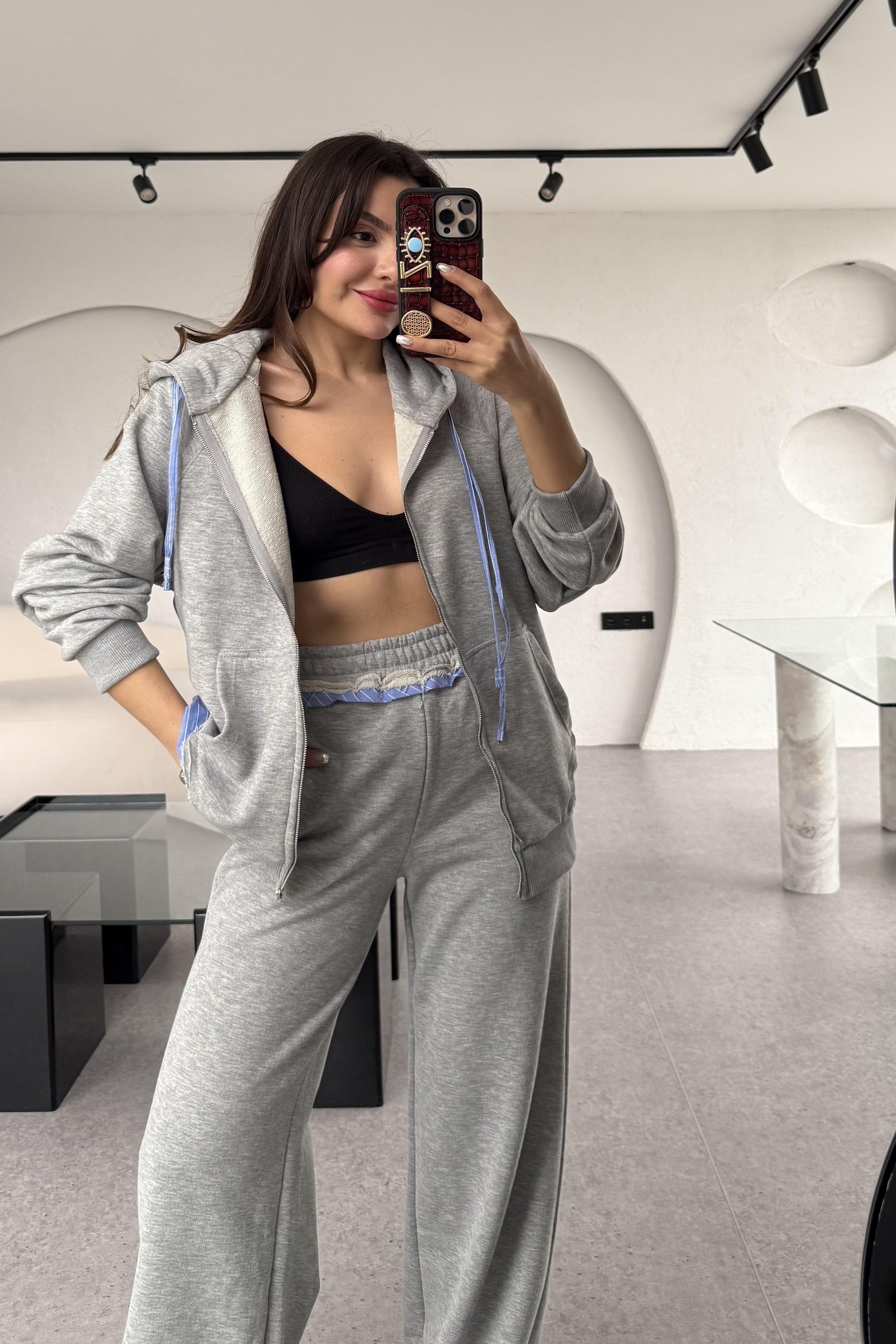 Cordino Poplin Detaylı Gri Eşofman Takımı