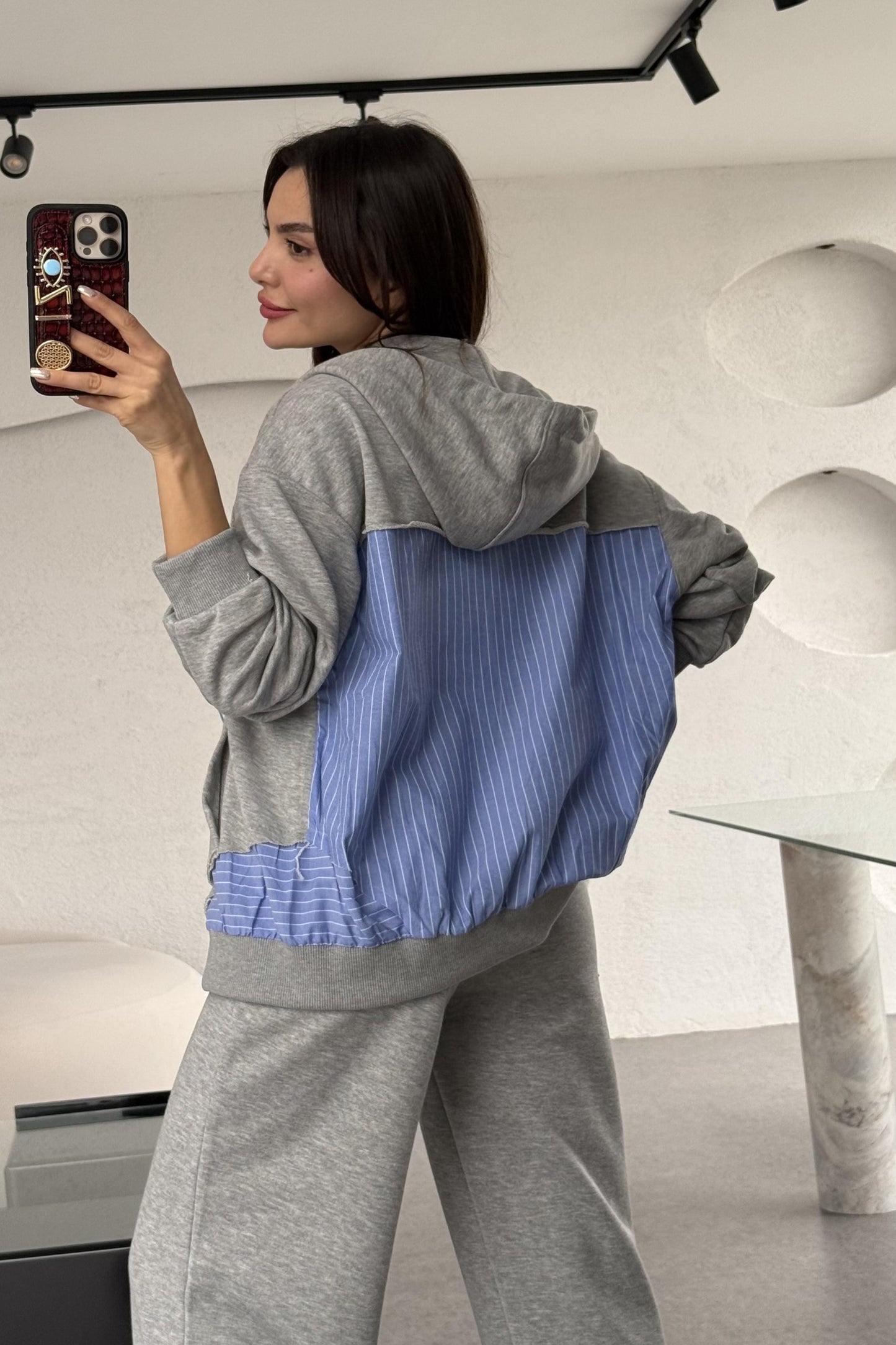 Cordino Poplin Detaylı Gri Eşofman Takımı