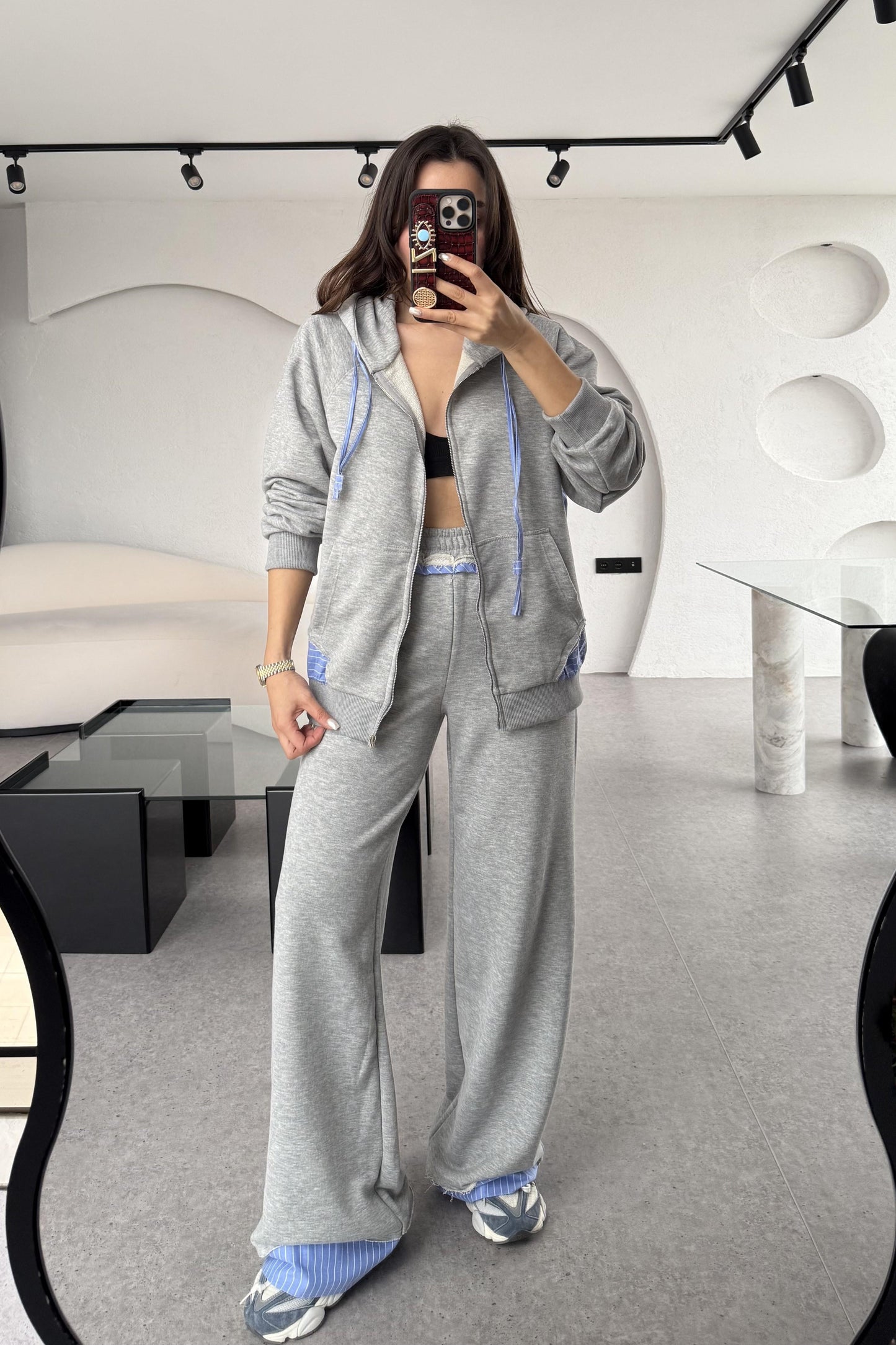 Cordino Poplin Detaylı Gri Eşofman Takımı