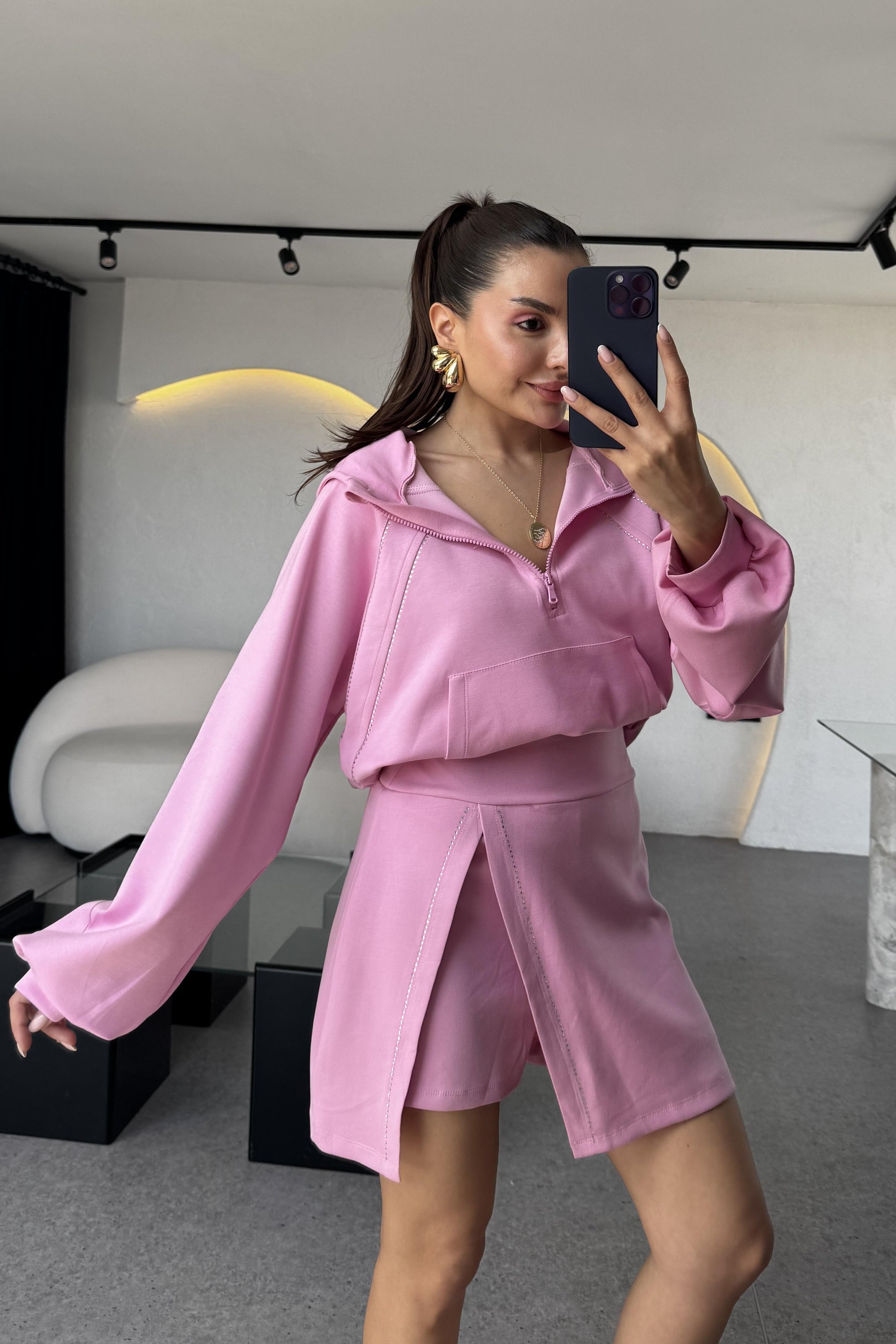 Cruz Pembe Taşlı Şortlu İkili Takım