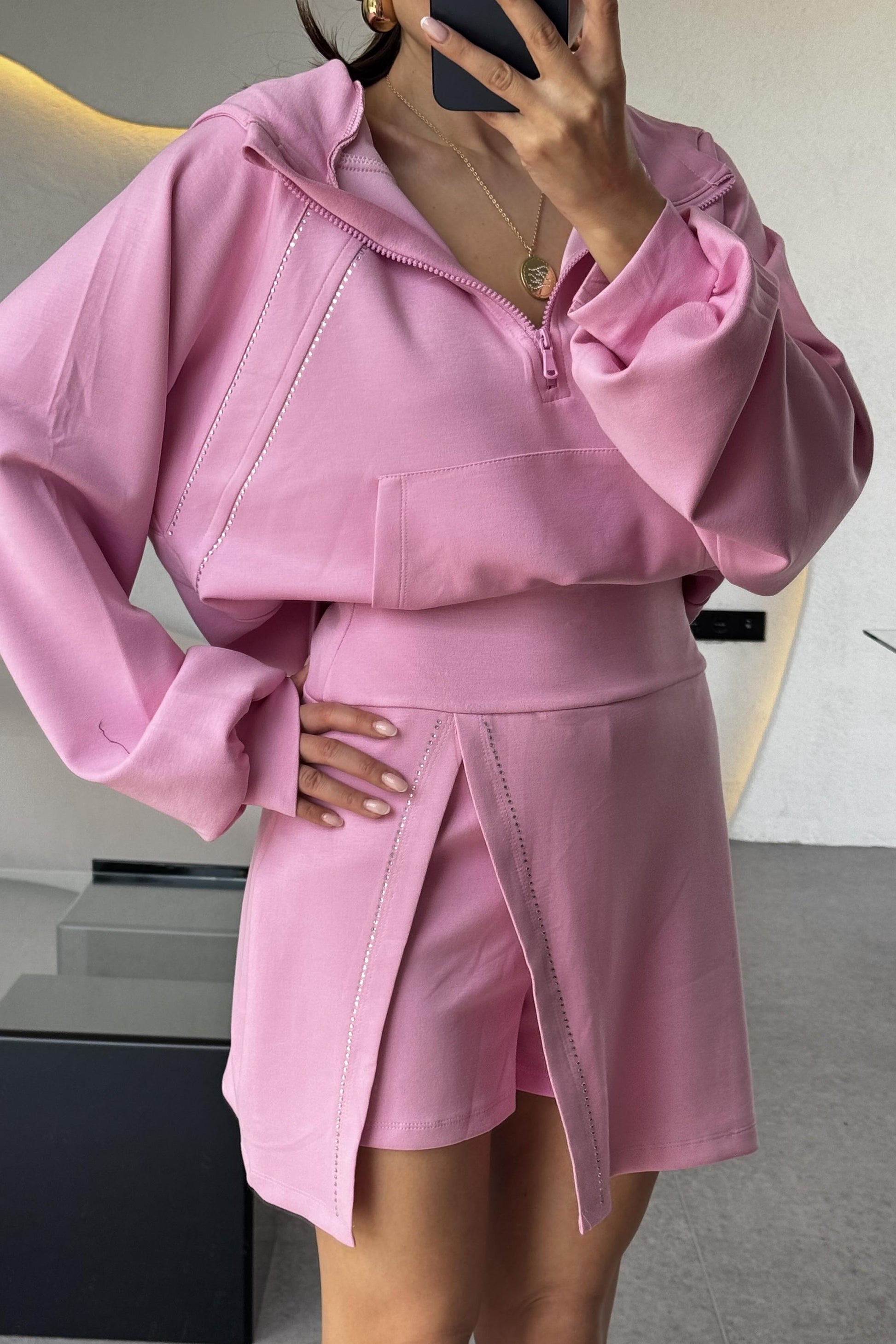 Cruz Pembe Taşlı Şortlu İkili Takım