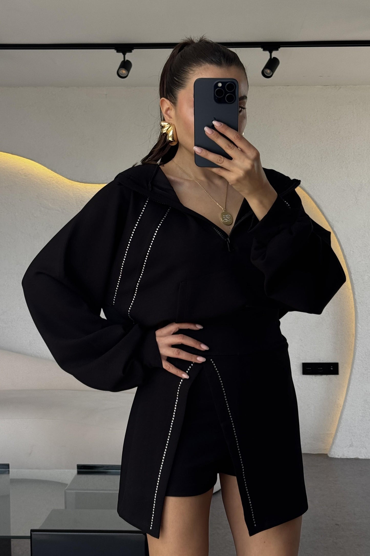 Cruz Siyah Taşlı Şortlu İkili Takım