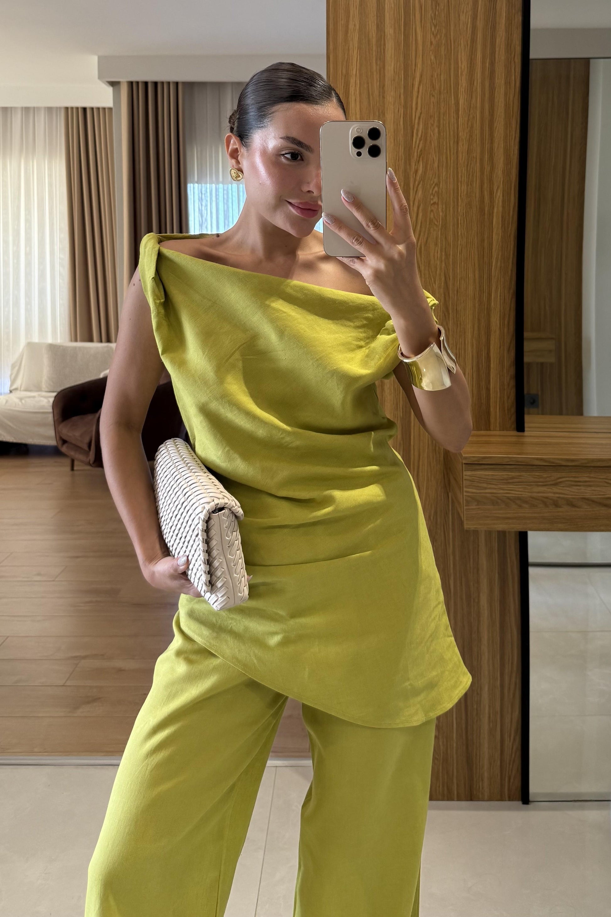 Cyrus Yağ Yeşil Premium Keten Takım