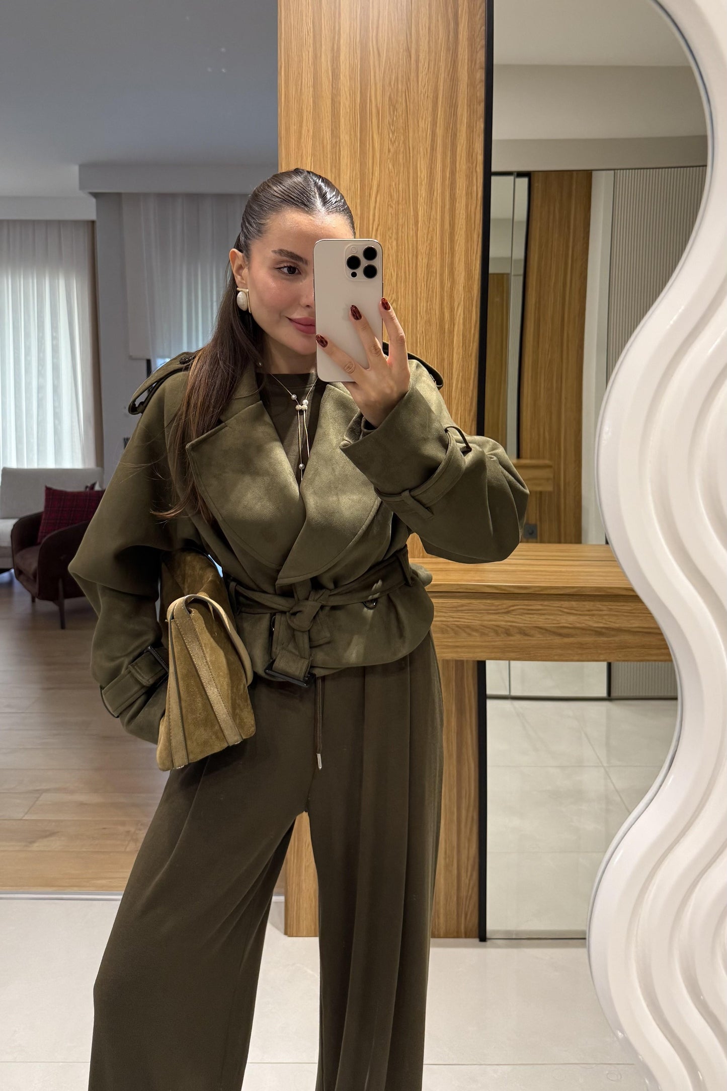 Daffy Haki Süet Kuşaklı Ceket