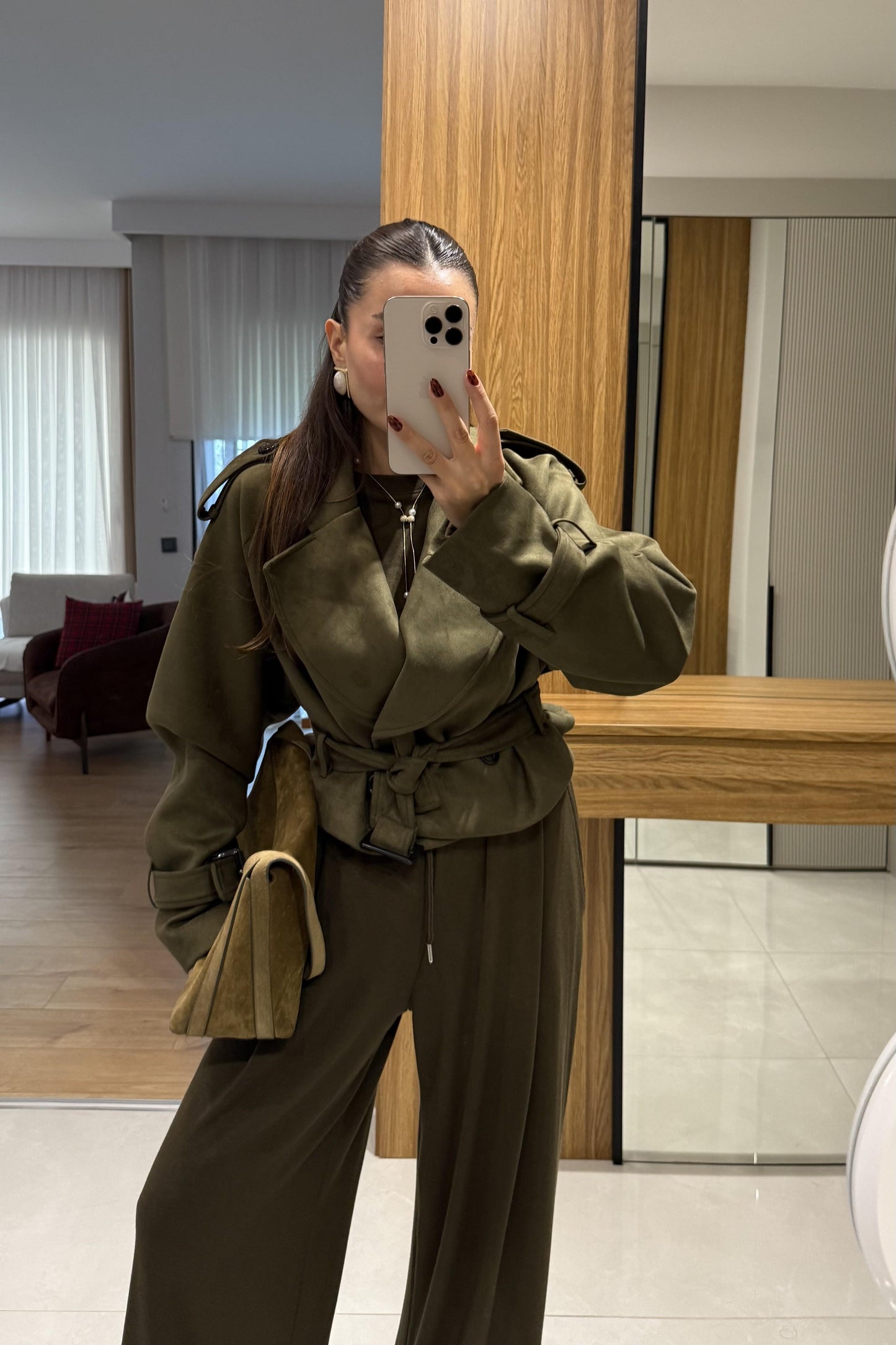 Daffy Haki Süet Kuşaklı Ceket