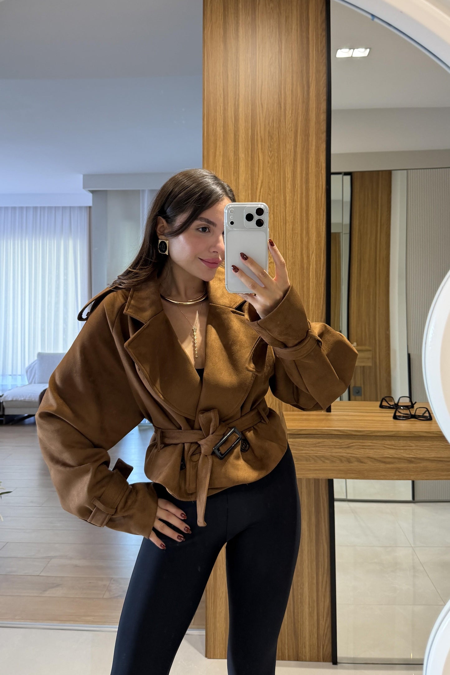 Daffy Taba Süet Kuşaklı Ceket