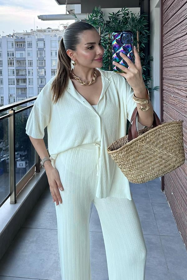 Daren Fitilli Gömlek Pantolon Takım - Ekru