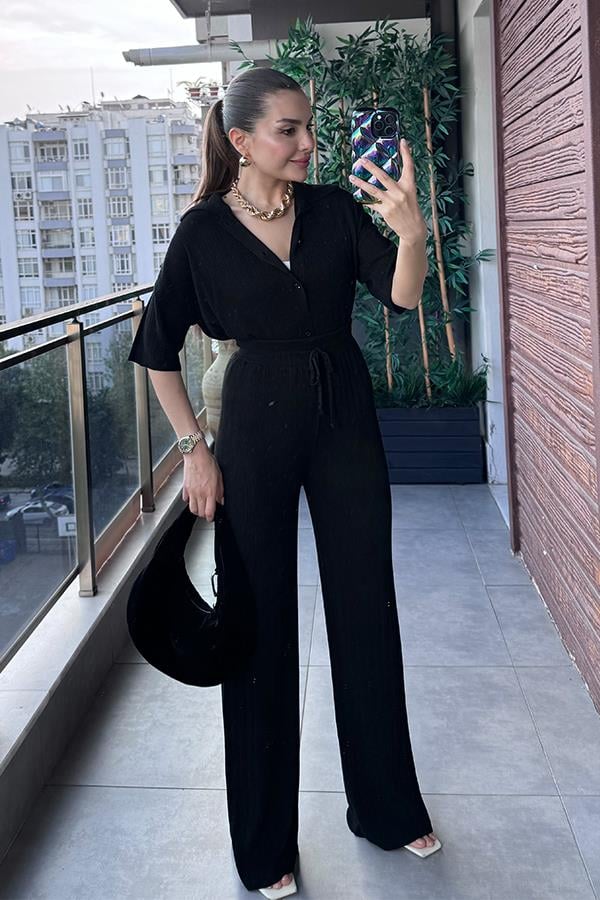 Daren Fitilli Gömlek Pantolon Takım - Siyah